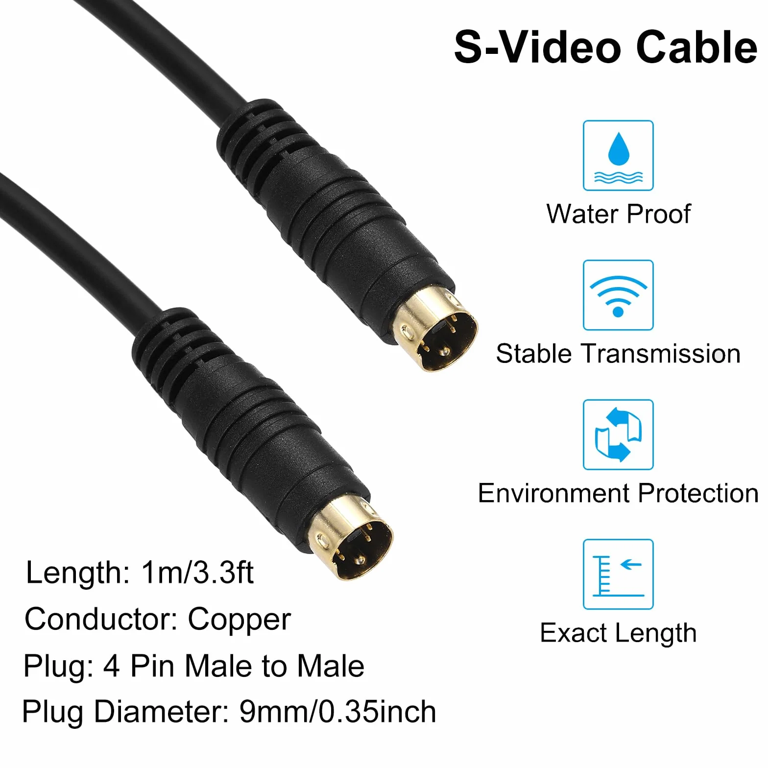 QUARKZMAN S kabel wideo 1 m/3,3 ft, mini DIN 4-pinowy kabel S-video wtyczka na wtyczkę pozłacane złącze transmisja do odbiornika telewizyjnego monitora S-VHS VCR DVD