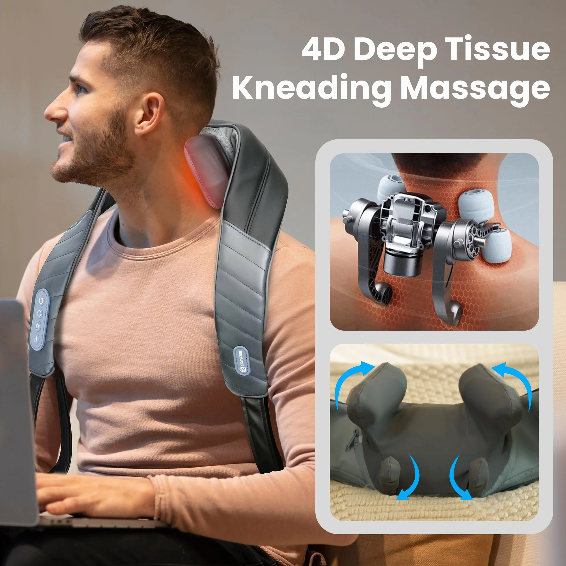 COMFIER Shiatsu urządzenie do masażu karku z ciepłem, bezprzewodowe urządzenie do masażu głębokiego ugniatania 4D, łagodzące kark, ramiona i plecy, prezent dla mężczyzn i kobiet