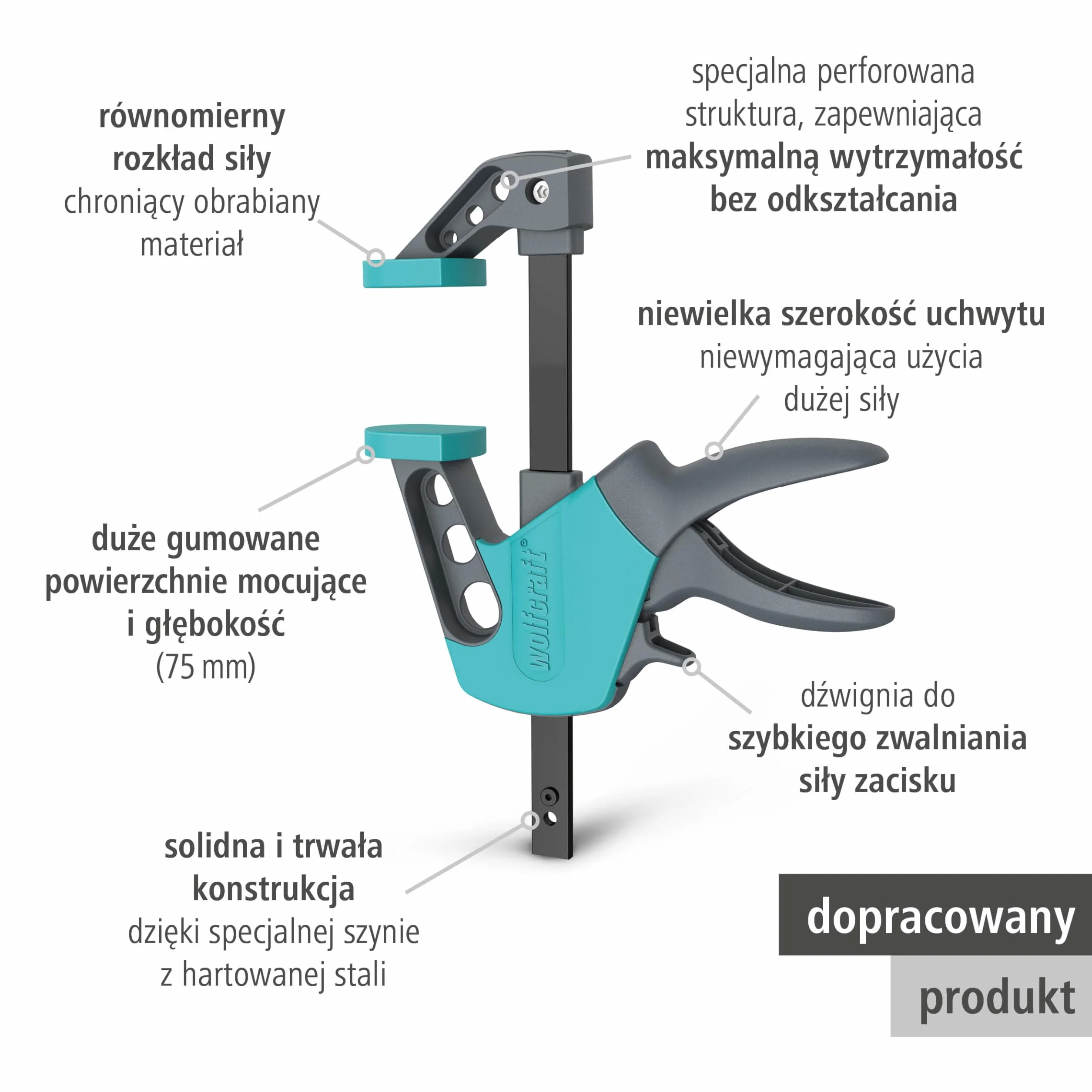 wolfcraft Ścisk jednoręczny EHZ „Easy” 75 mm - 300 mm I 3021000 I Ścisk jednoręczny do komfortowej pracy