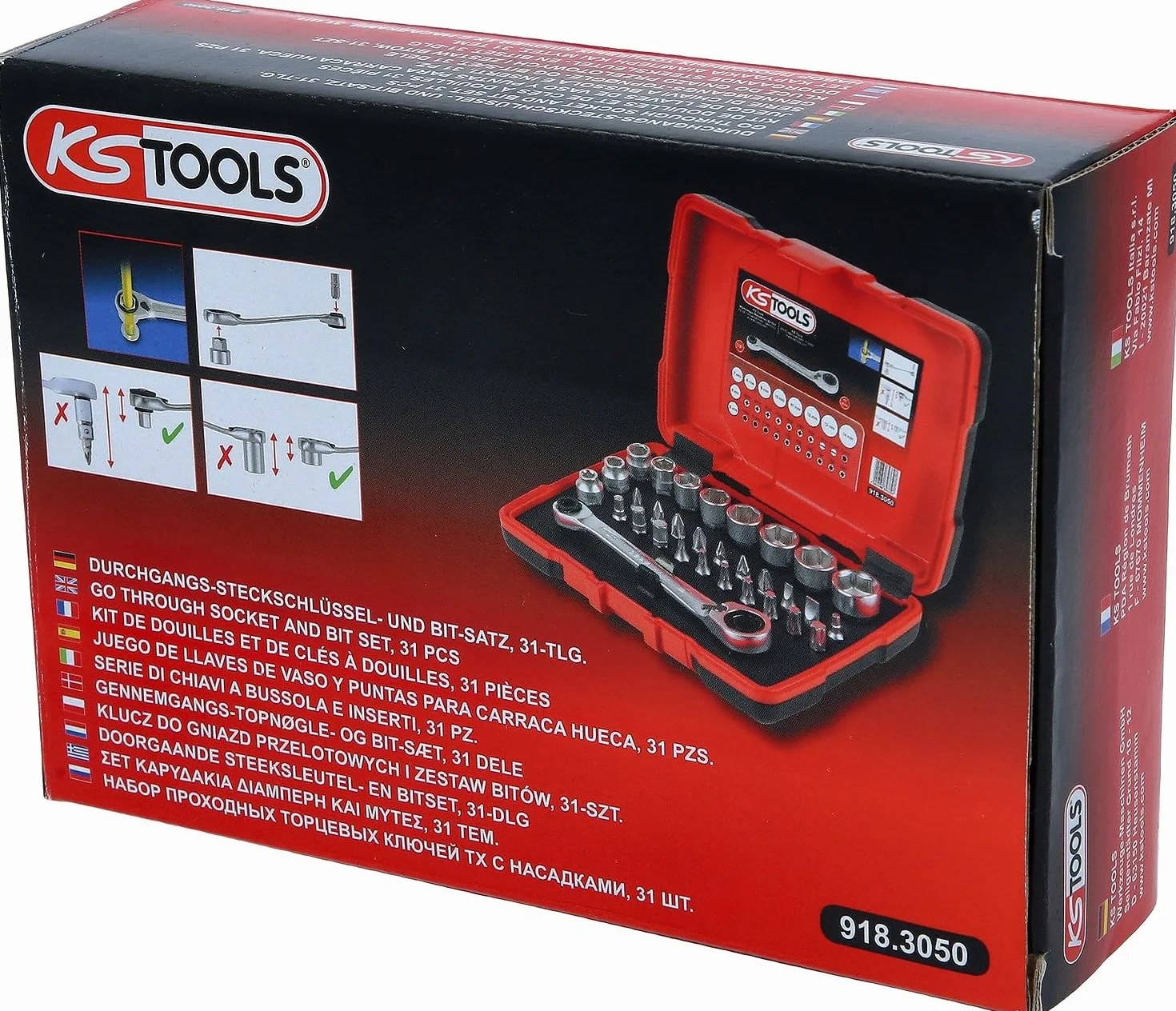 KS Tools 918.3050 1/4" + 11 mm klucz do gniazd przelotowych i zestaw bitów, 31-szt