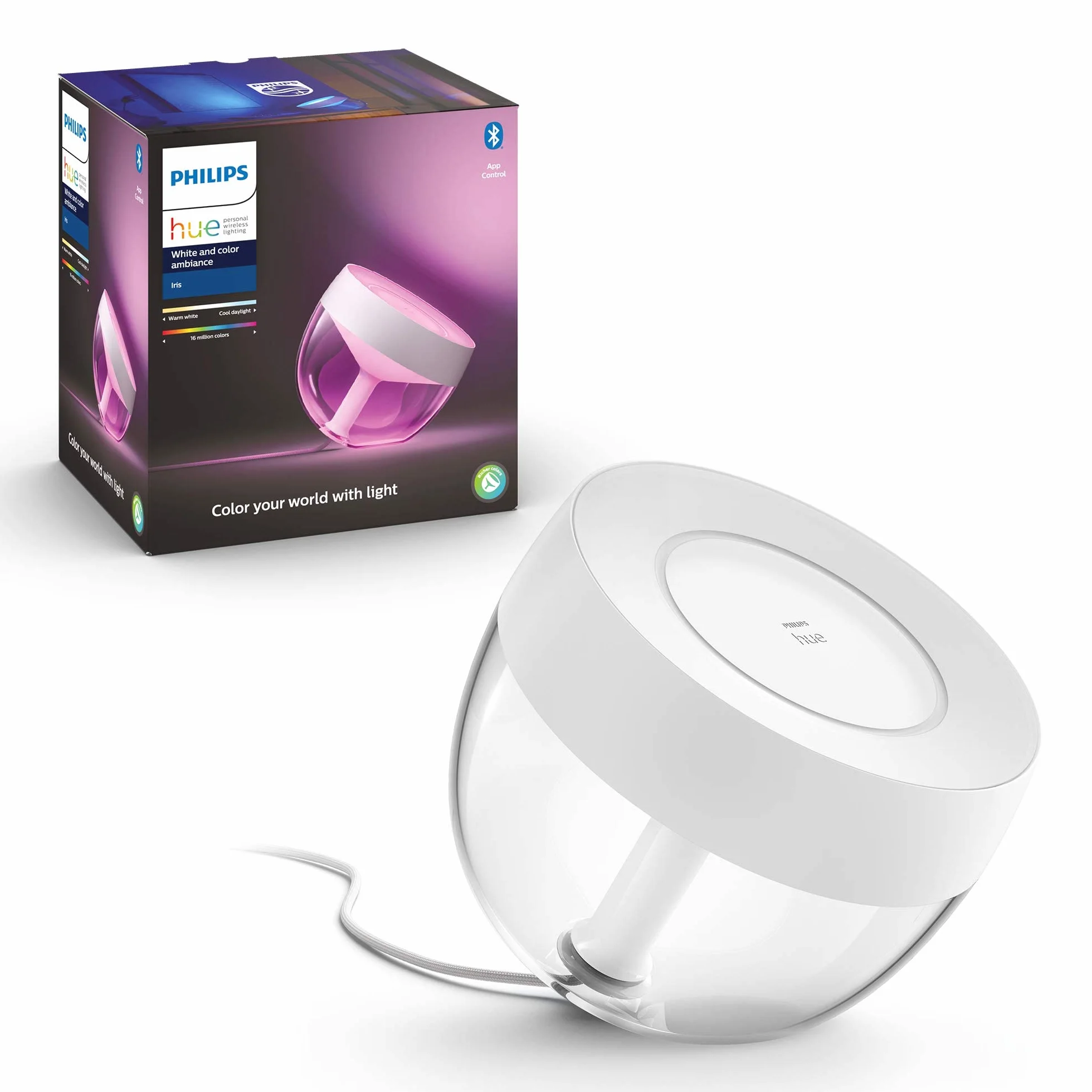 Philips Hue White and Color Ambiance Lampa Stołowa LED Iris, (biała), Smart LED z Paletą 16 mln Kolorów i Możliwością Ściemniania, Inteligentne Oświetlenie z Aplikacją Amazon Alexa (Echo, Echo Dot)