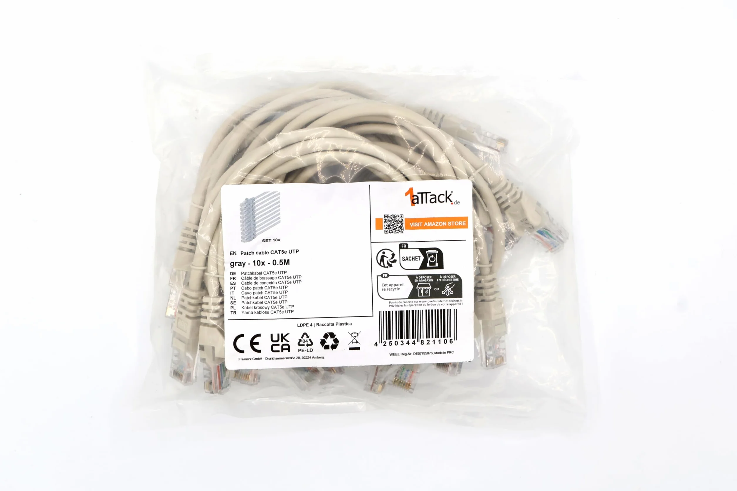 0,5 m - szary 10 sztuk - kabel sieciowy LAN CAT.5 CAT5 najwyższej jakości kabel krosowy Ethernet, kompatybilny z CAT6 / CAT6a / CAT7