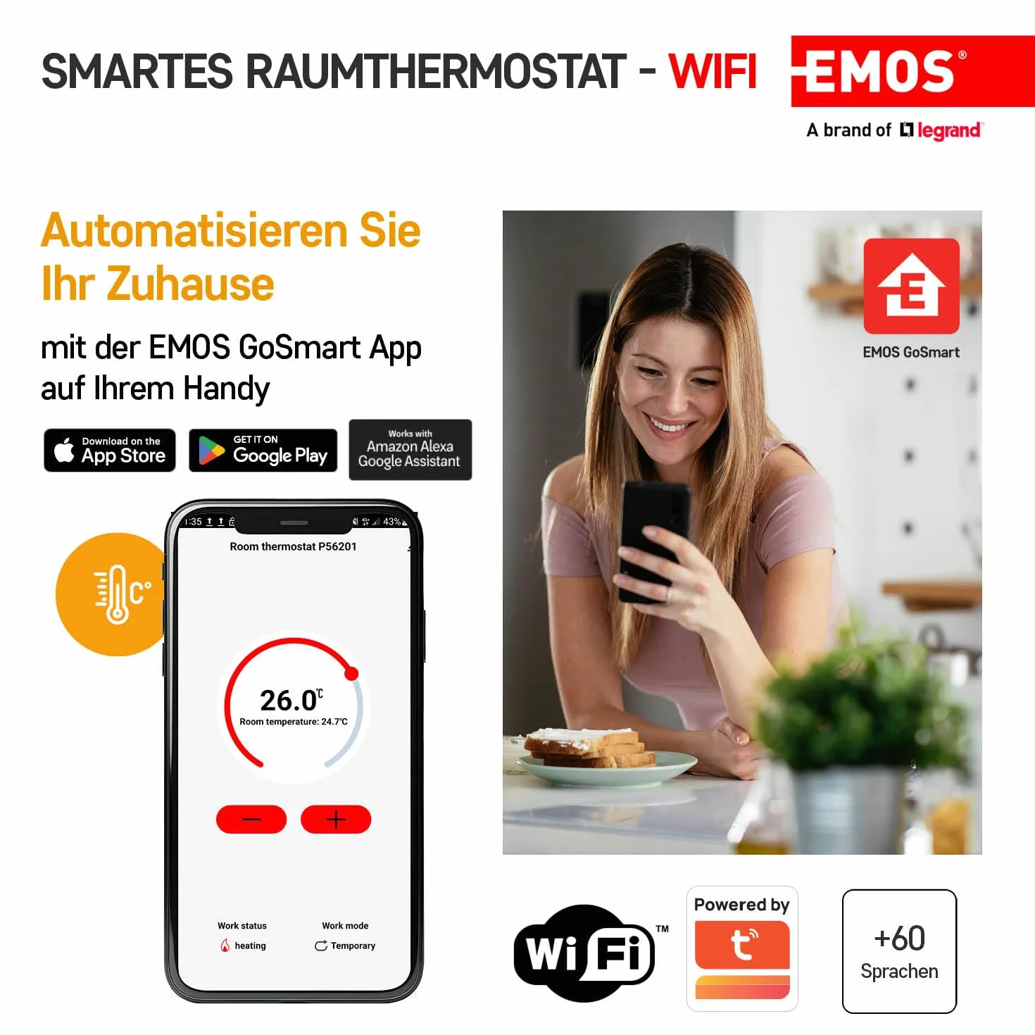 EMOS GoSmart termostat pokojowy Smart Home z aplikacją – WiFi – termostat IP do systemów ogrzewania i chłodzenia – energooszczędny – kompatybilny z Tuya, Google Assistant i Alexa – bezprzewodowy,