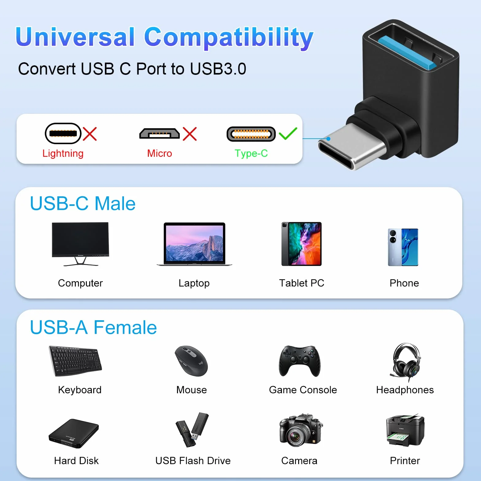 Adapter USB C na USB (2 sztuki), 90 stopni USB C męski na USB 3.0 żeński adapter OTG konwerter kompatybilny z MacBook Pro 2019/2018, Samsung i innymi urządzeniami USB-C, czarny