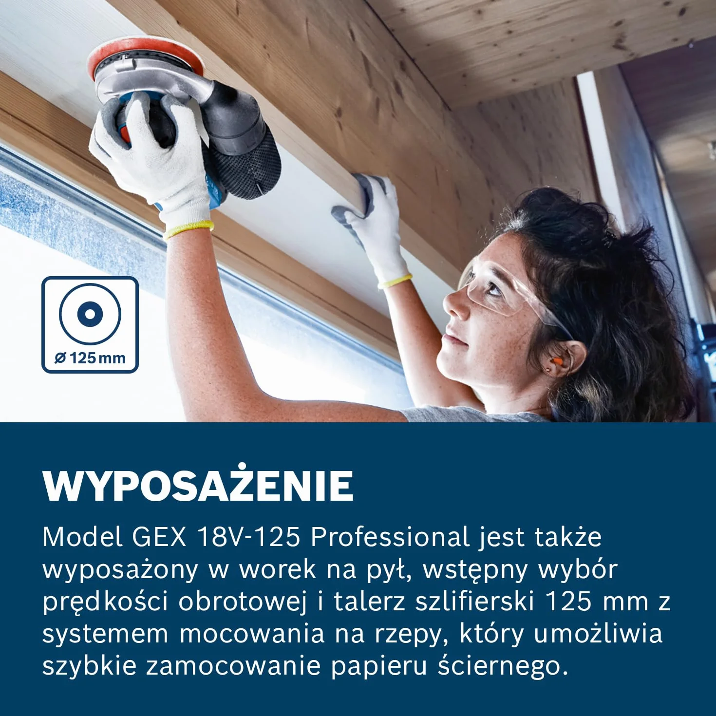 Bosch Professional system 18V: akumulatorowa szlifierka mimośrodowa GEX 18V-125 (talerz szlifierski 125 mm, 1 papier ścierny, worek na pył)