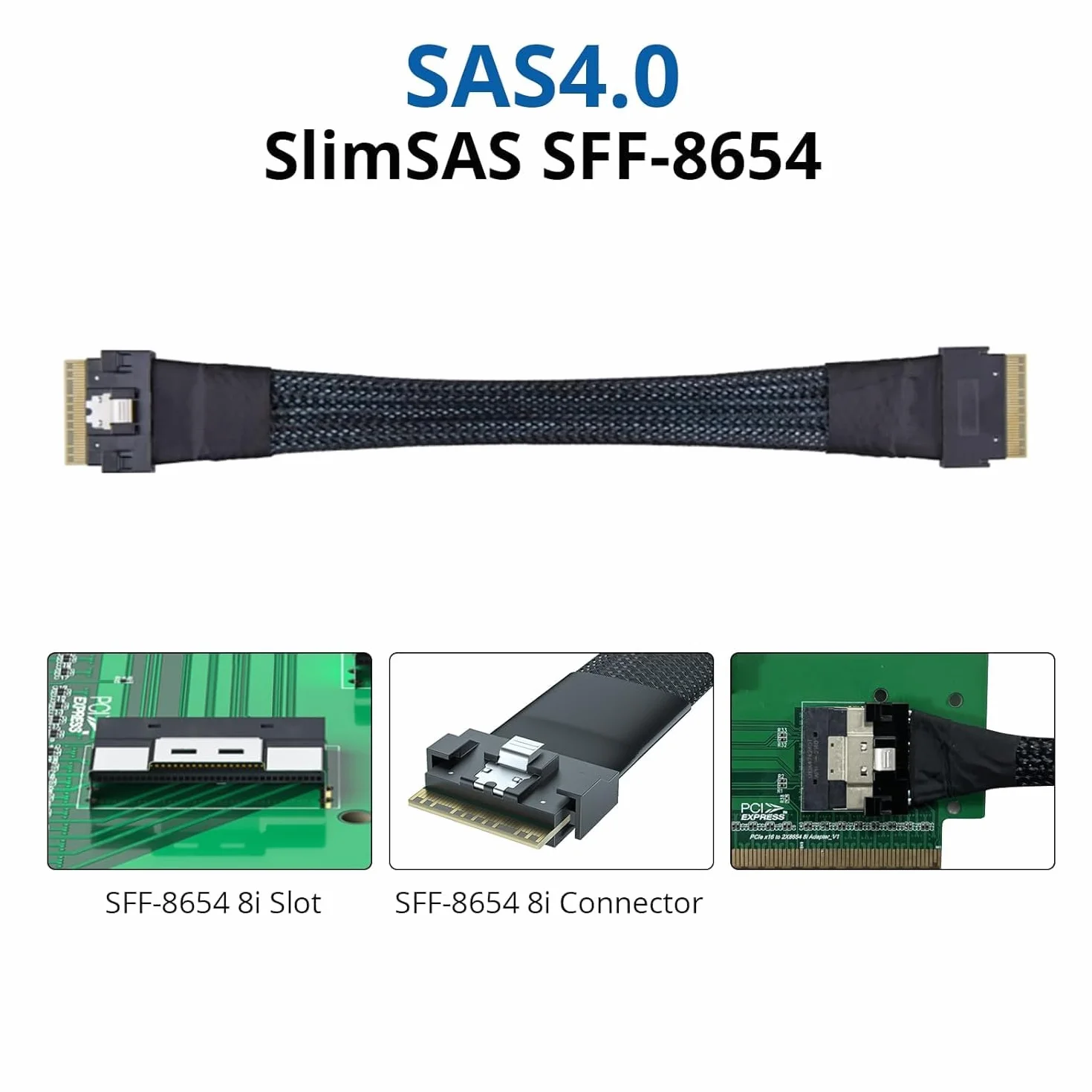 SFF-8654 do SFF-8654 SlimSAS kabel, wewnętrzny kabel 24G 8i, SAS 4.0, 74pin, 100 omów, 0,5 m (1,65 ft)