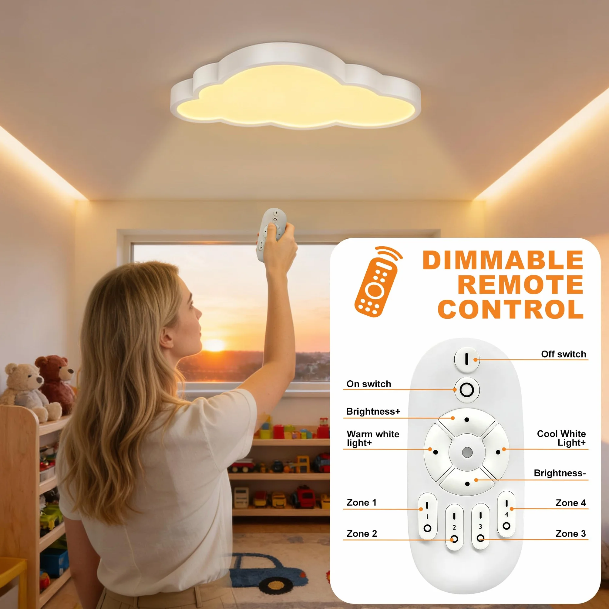 LZQ Lampa sufitowa LED, 48 W, do pokoju dziecięcego, ściemniana, chmury, lampa sufitowa, lampa do salonu, sypialni, z pilotem