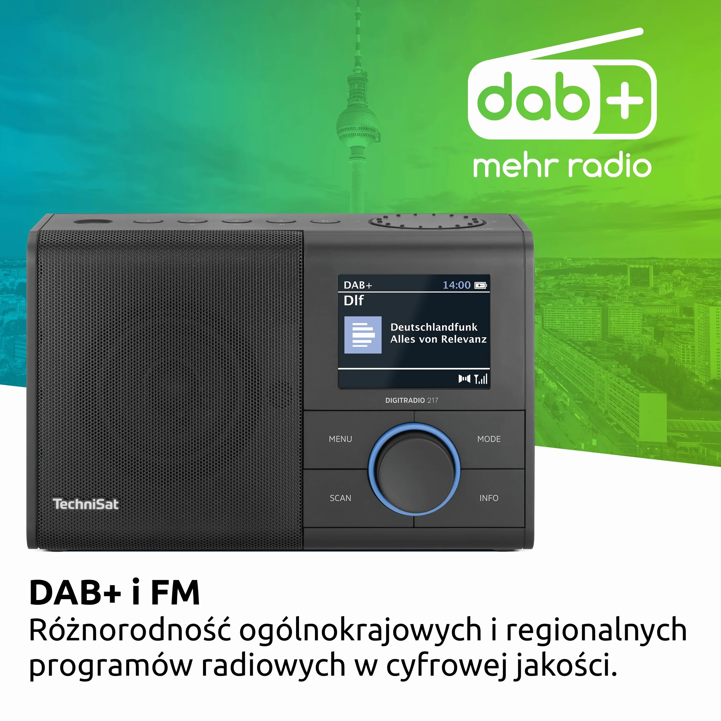 TechniSat DIGITRADIO 217 – Kompaktowe, przenośne radio cyfrowe DAB+ (FM, kolorowy wyświetlacz, Bluetooth, szybki wybór, zasilanie sieciowe/bateryjne, 2 budziki, pamięć stacji) czarne