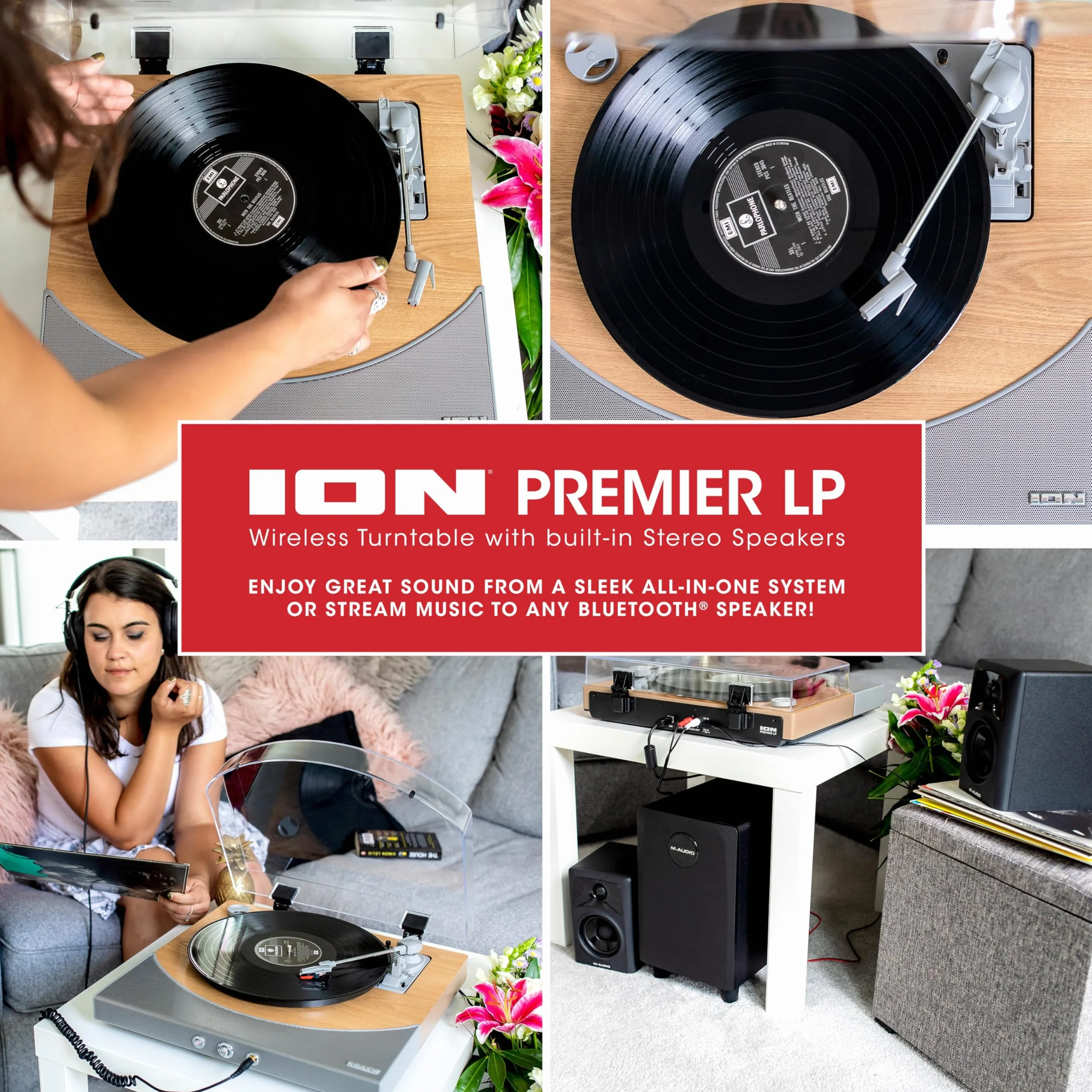 ION Audio Premier LP bezprzewodowy gramofon Bluetooth winylowy z głośnikami USB RCA słuchawkowymi drewno