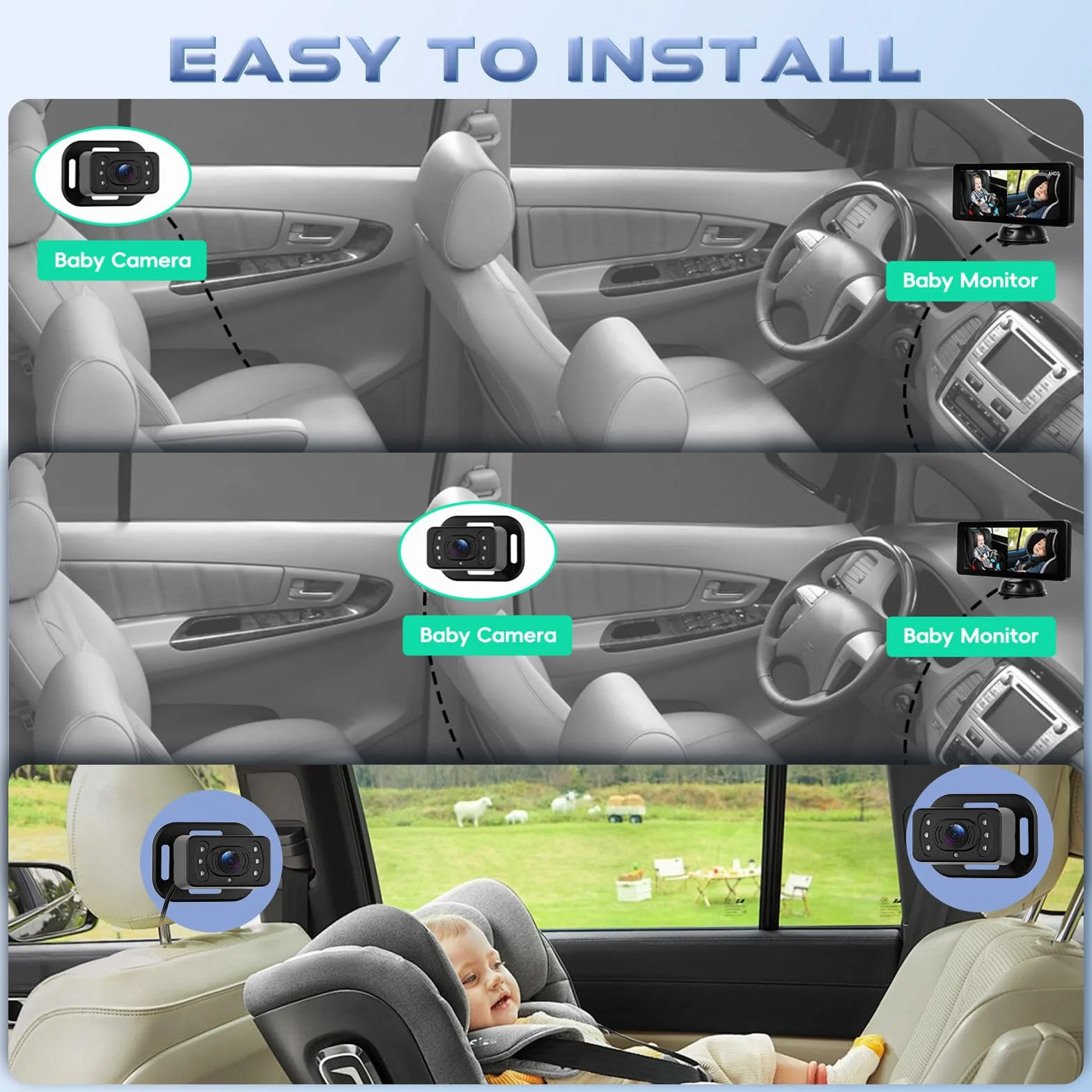 Podwójna kamera samochodowa dla 2 dzieci 6,86 cala wyświetlacz IPS Split-Screen HD widoczność w nocy obracana o 360° kamera bezpieczeństwa
