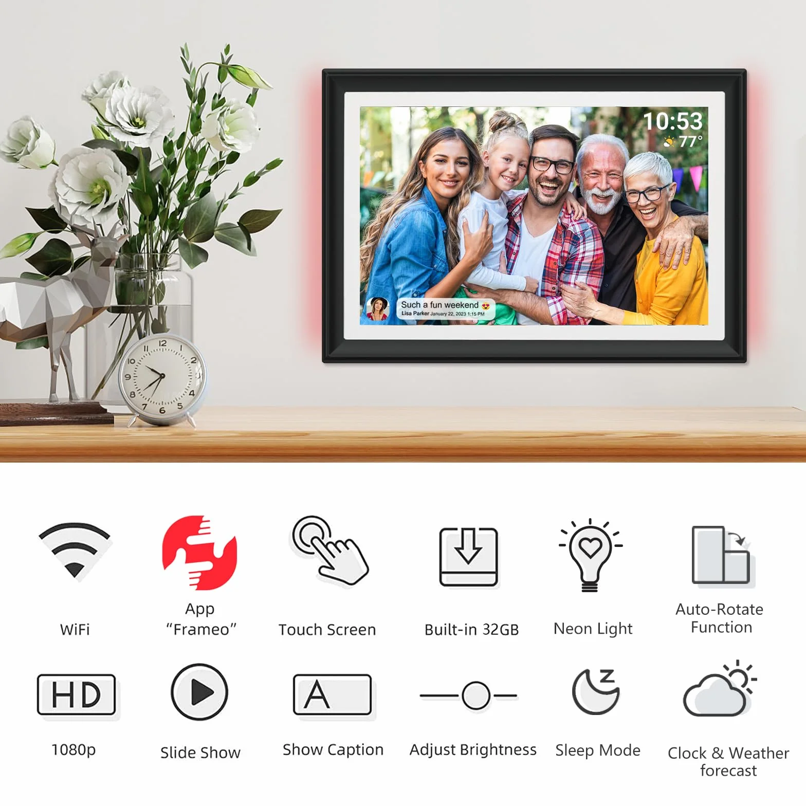 Cyfrowa ramka na zdjęcia – ekran Full IPS 10,1 cala, elektroniczna ramka na zdjęcia, WiFi Frameo z oświetleniem nastrojowym, Boże Narodzenie!