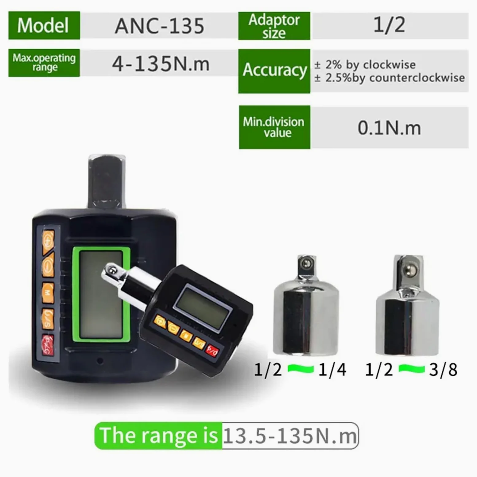 Cyfrowy adapter klucza dynamometrycznego Elektroniczny klucz dynamometryczny 1/2 cala 2-200 Nm regulowany profesjonalny cyfrowy klucz dynamometryczny rower (kolor: 13,5-135 Nm)