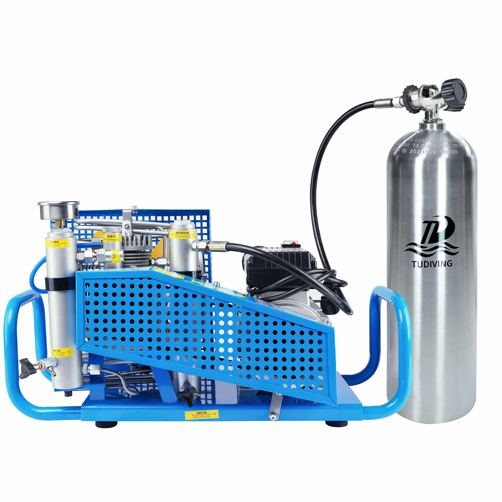 TUDIVING Wysokociśnieniowa sprężarka zanurzeniowa 4500 psi, automatyczne wyłączanie, 100 l/min, z butelkami o pojemności 80 m², sprężarka powietrza do nurkowania, sportów wodnych i paintballu (11 l