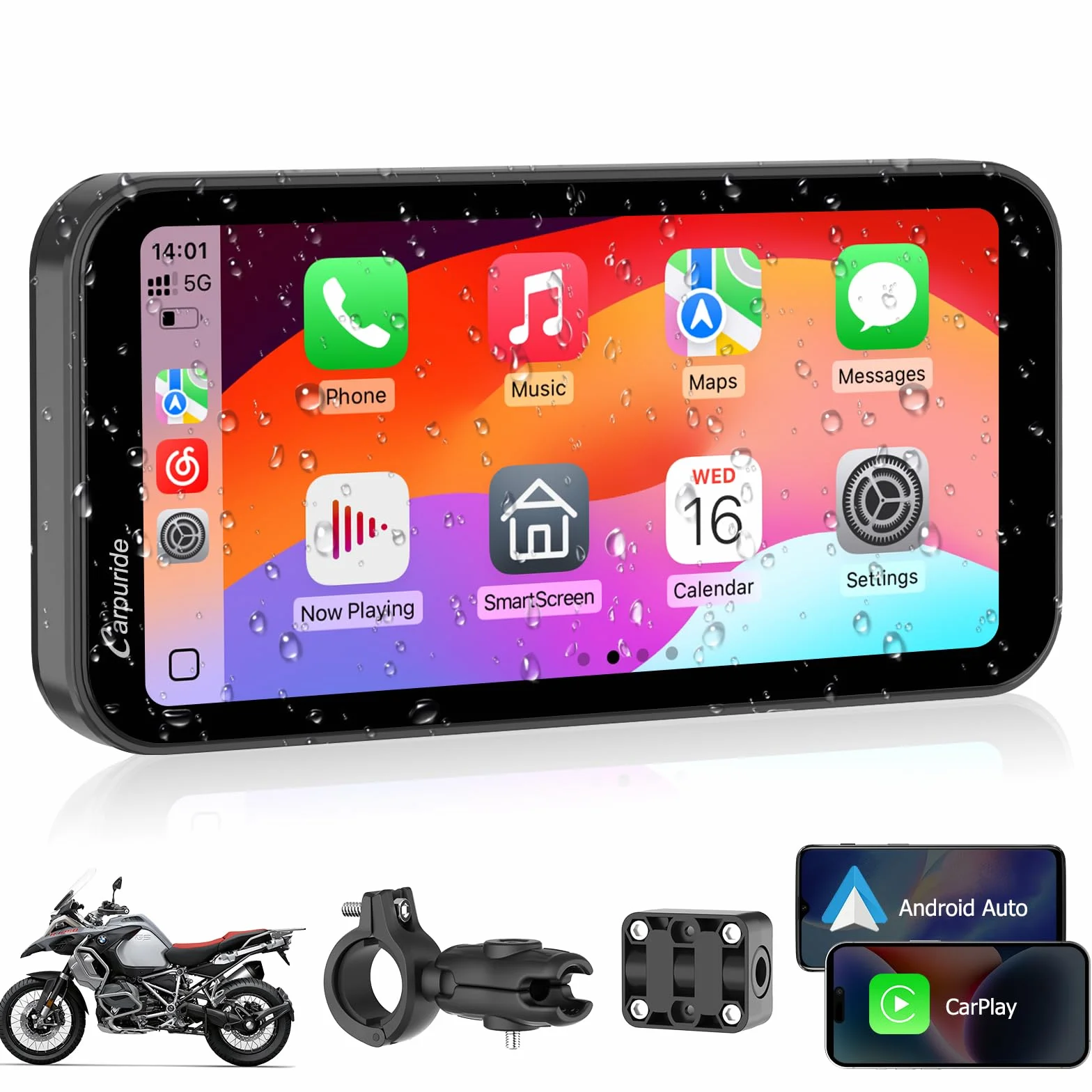 Carpuride W603 Ekran motocyklowy Carplay, Bezprzewodowa funkcja CarPlay i Android Auto dla Moto, Pilot zdalnego sterowania, Wodoodporny ekran dotykowy 6,3 cala, Nawigacja GPS, Siri, Asystent G00gle