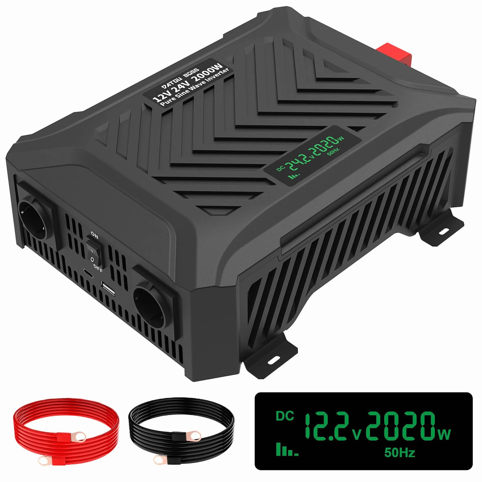 DATOUBOSS Przetwornica napięcia 12V/24V na 230V 2000W/4000W Czysta Sinusoida z Wyświetlaczem LCD