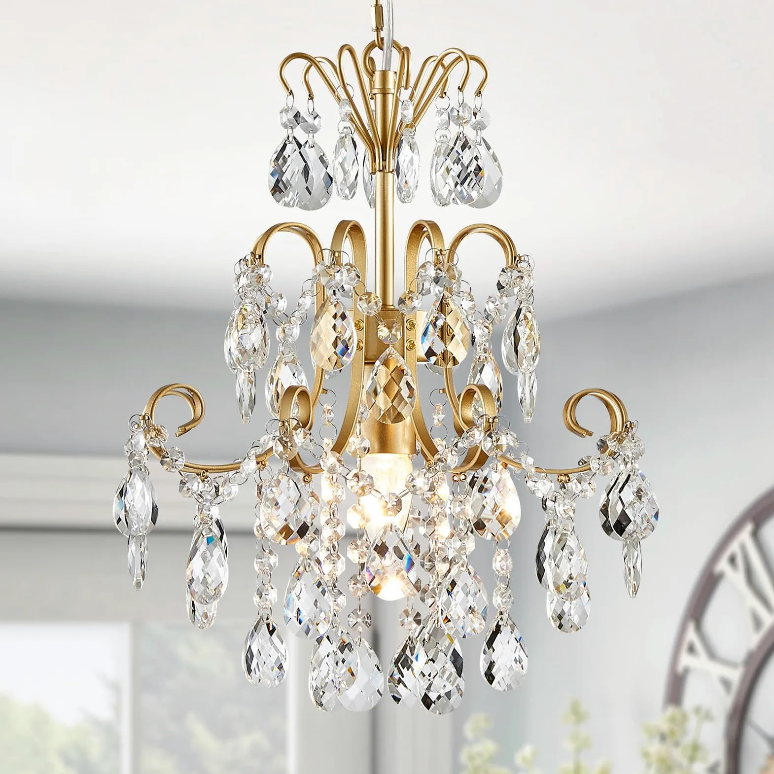 Kryształowy żyrandol 1 światło lampa sufitowa wisząca E14 złoty 39,9 cm x 35 cm