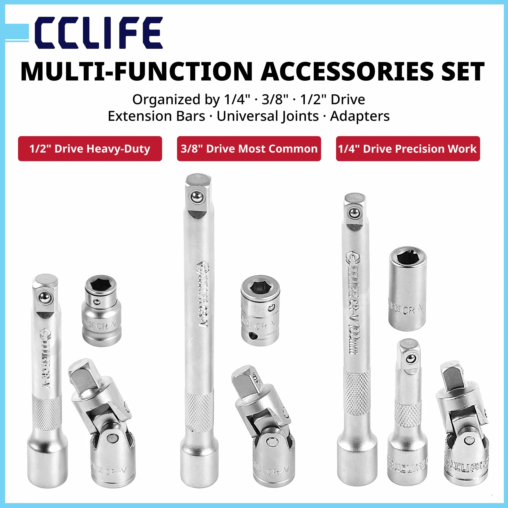 CCLIFE Zestaw kluczy nasadowych 171-częściowy – 1/4" 3/8" 1/2" skrzynka z grzechotką 72-zębową, zestaw kluczy nasadowych ze stali CrV – do samochodu, motocykla, warsztatu i majsterkowiczów
