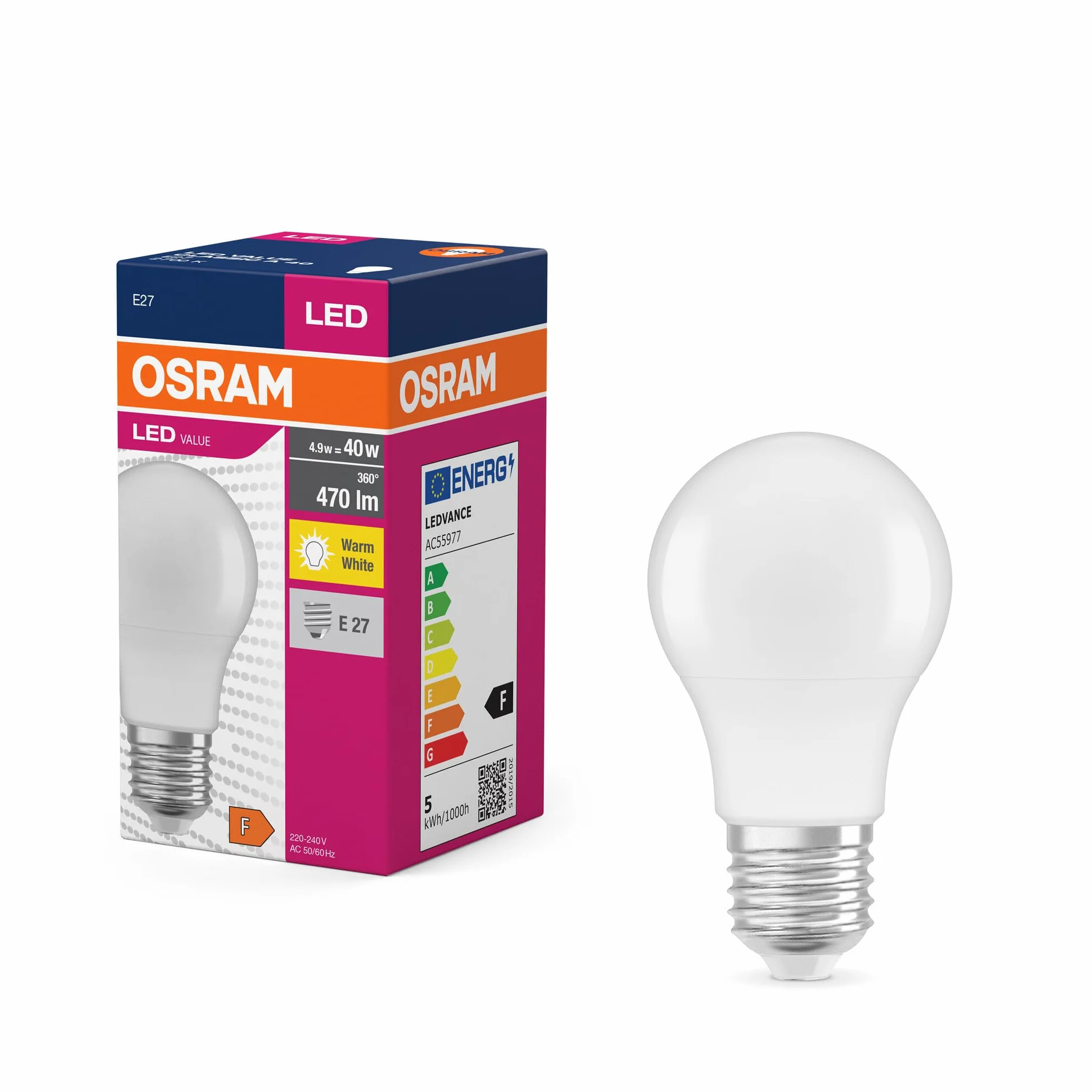 OSRAM LED Star Value Classic A40 Żarówka LED do gniazda E27, kształt gruszki, FR, 470 lumenów, ciepła biel (2700K), zamiennik konwencjonalnych żarówek 40W, bez możliwości ściemniania