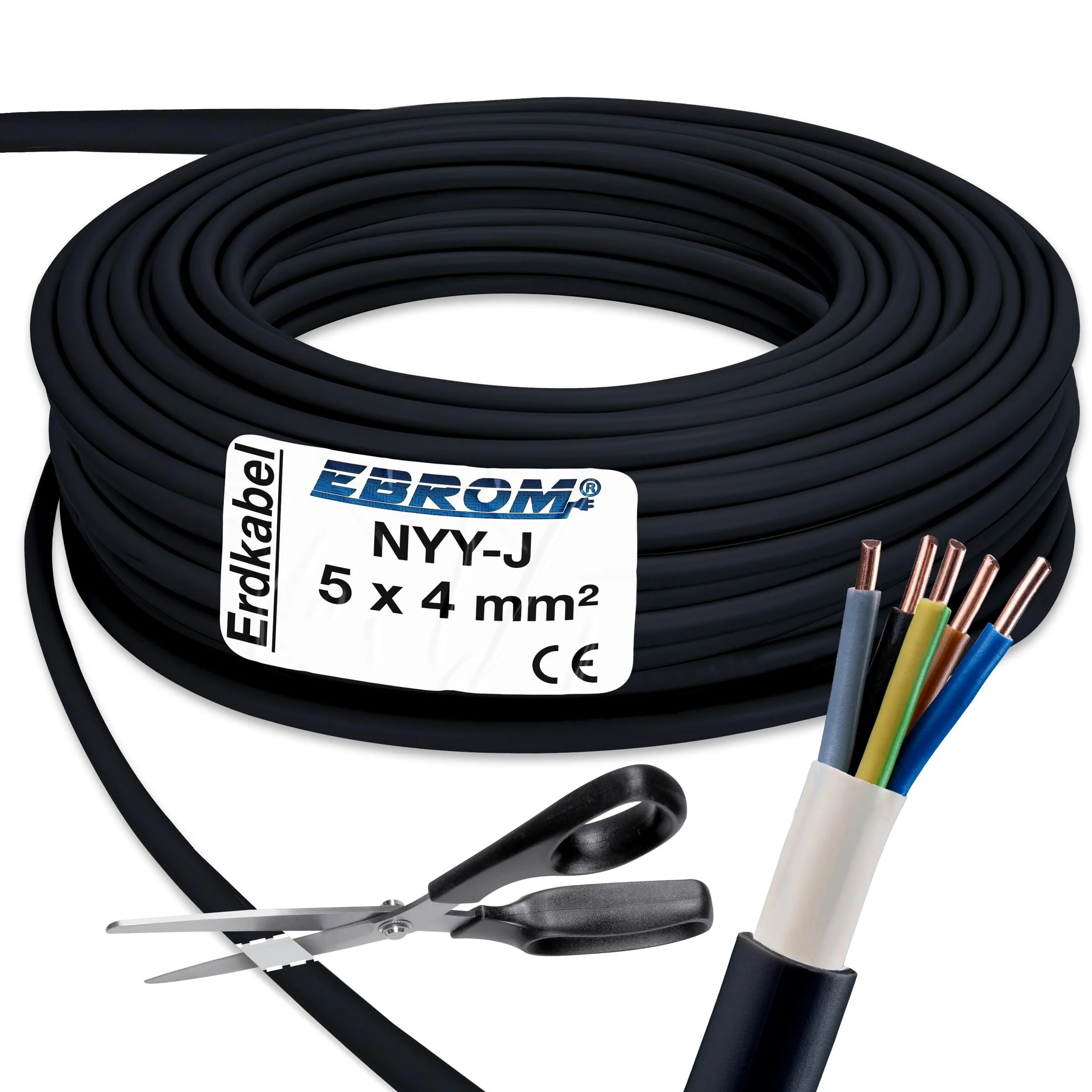 Kabel ziemny NYY-J 5 x 4 mm², towar sprzedawany na metry z dokładnością do jednego metra: kabel energetyczny, przewód uziemiający PVC, kolor czarny, długość do wyboru w odstępach 1 metra – na przykład: 20 m, 25 m, 35 m, 50 m i dalej