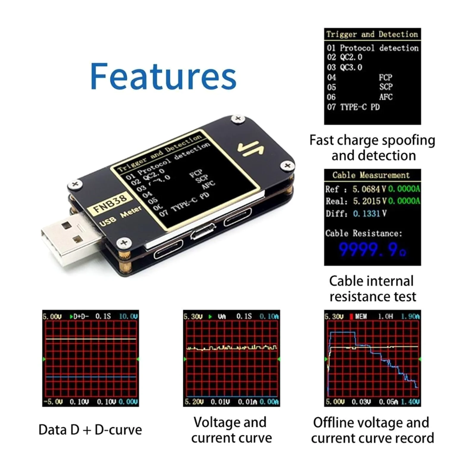 Tester USB FNB38 Miernik prądu i napięcia Tester USB QC4 + PD3.0 2.0 PPS Protokół szybkiego ładowania Test pojemności(C1 With BT.)