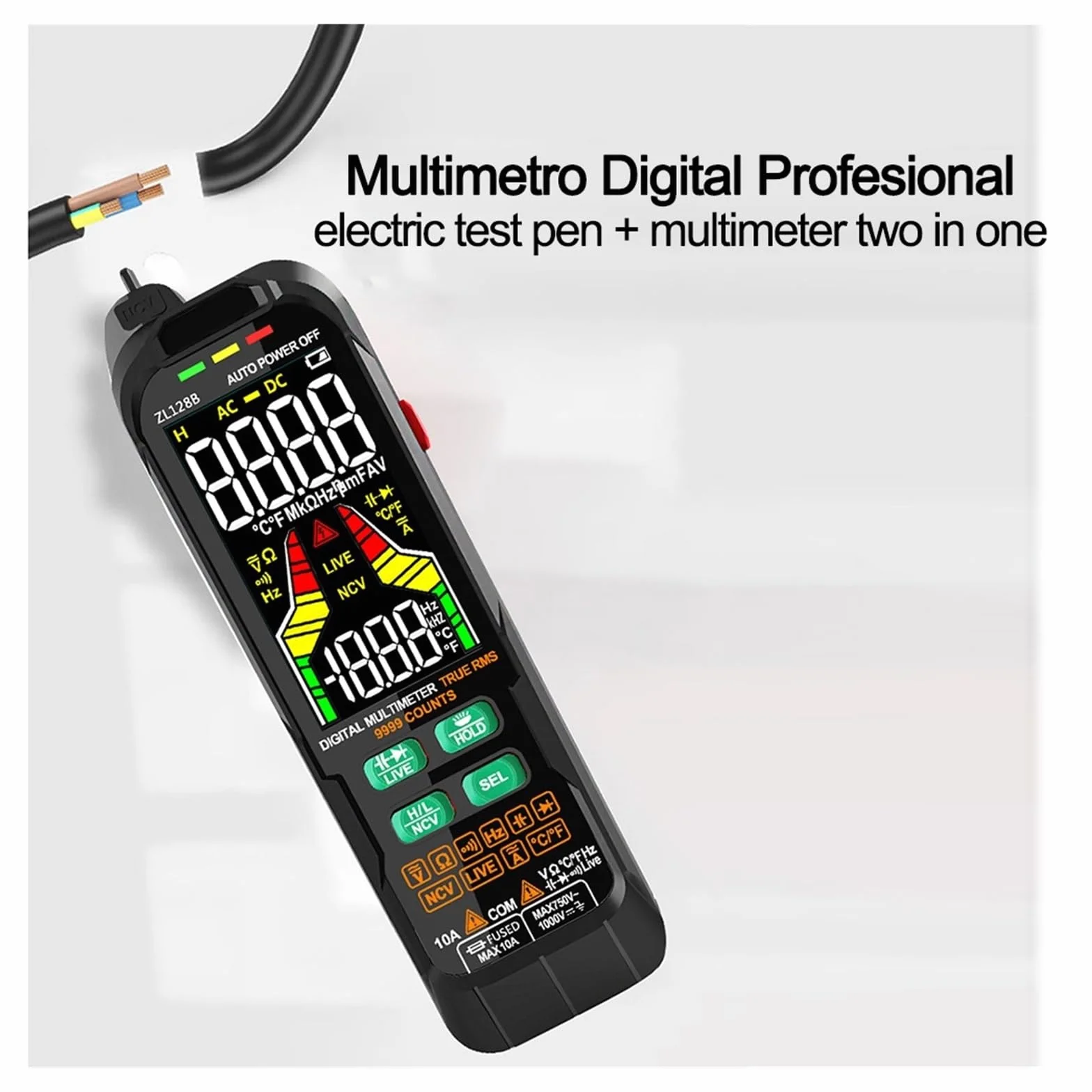 USB Charge Multimetr Cyfrowy 9999 Kolorowy Wyświetlacz LCD DC AC Napięcie Prądu Pojemność Multimetro NCV Tester Drutu Na Żywo Szybko Dokładnie Łatwy Odczyt(128B)