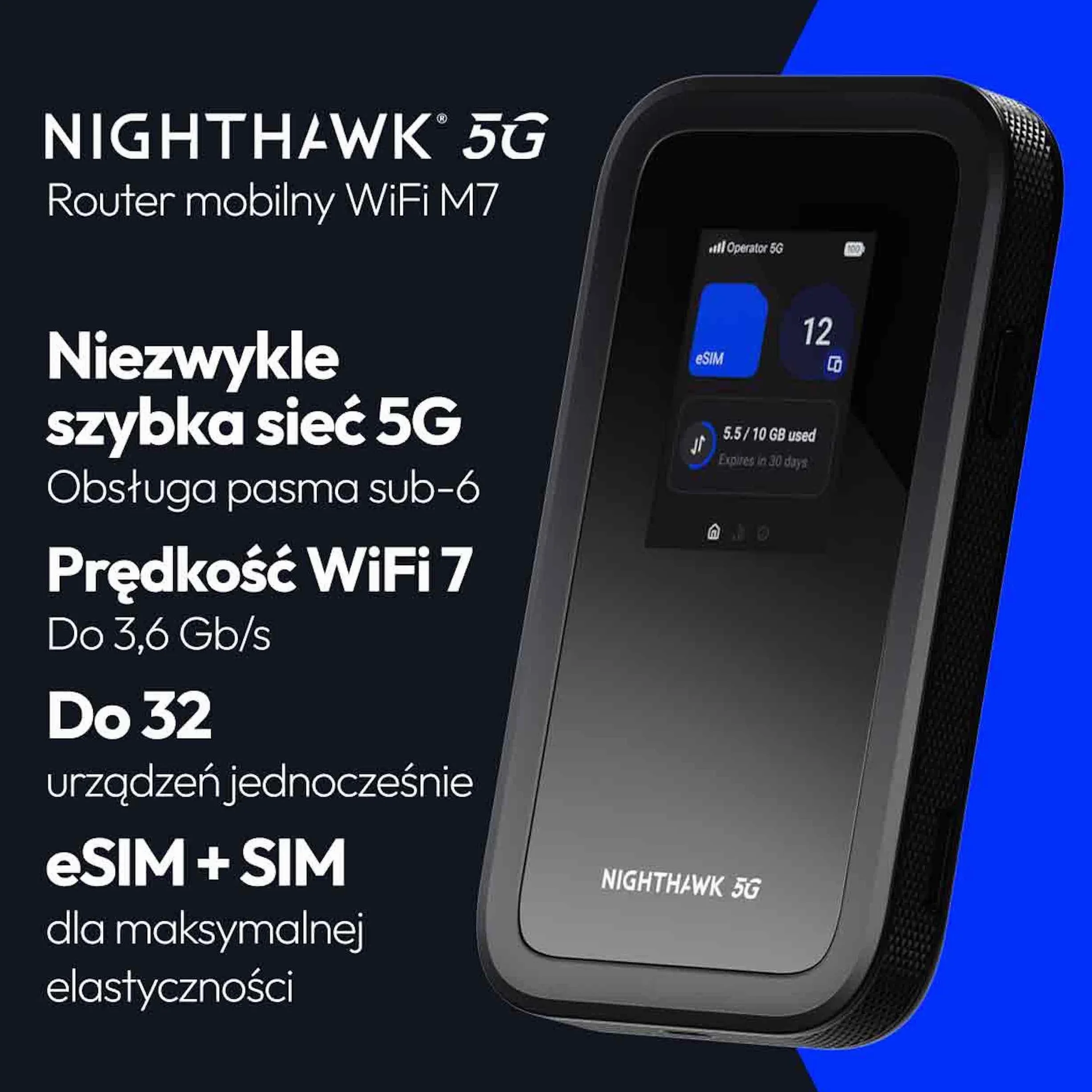 NETGEAR Nighthawk M7 | Router 5G MiFi z eSIM | Przenośny router WiFi z gniazdem na kartę SIM, kompatybilny z dowolnym operatorem | 5G/4G/LTE – w podróży, do pracy | WiFi 7 | 3,6 Gb/s | MH7150