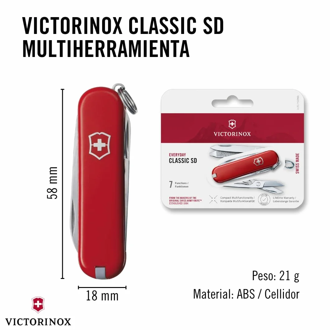 Victorinox Classic SD, Swiss Made, 7 funkcji, ostrze, nożyczki, pilnik do paznokci