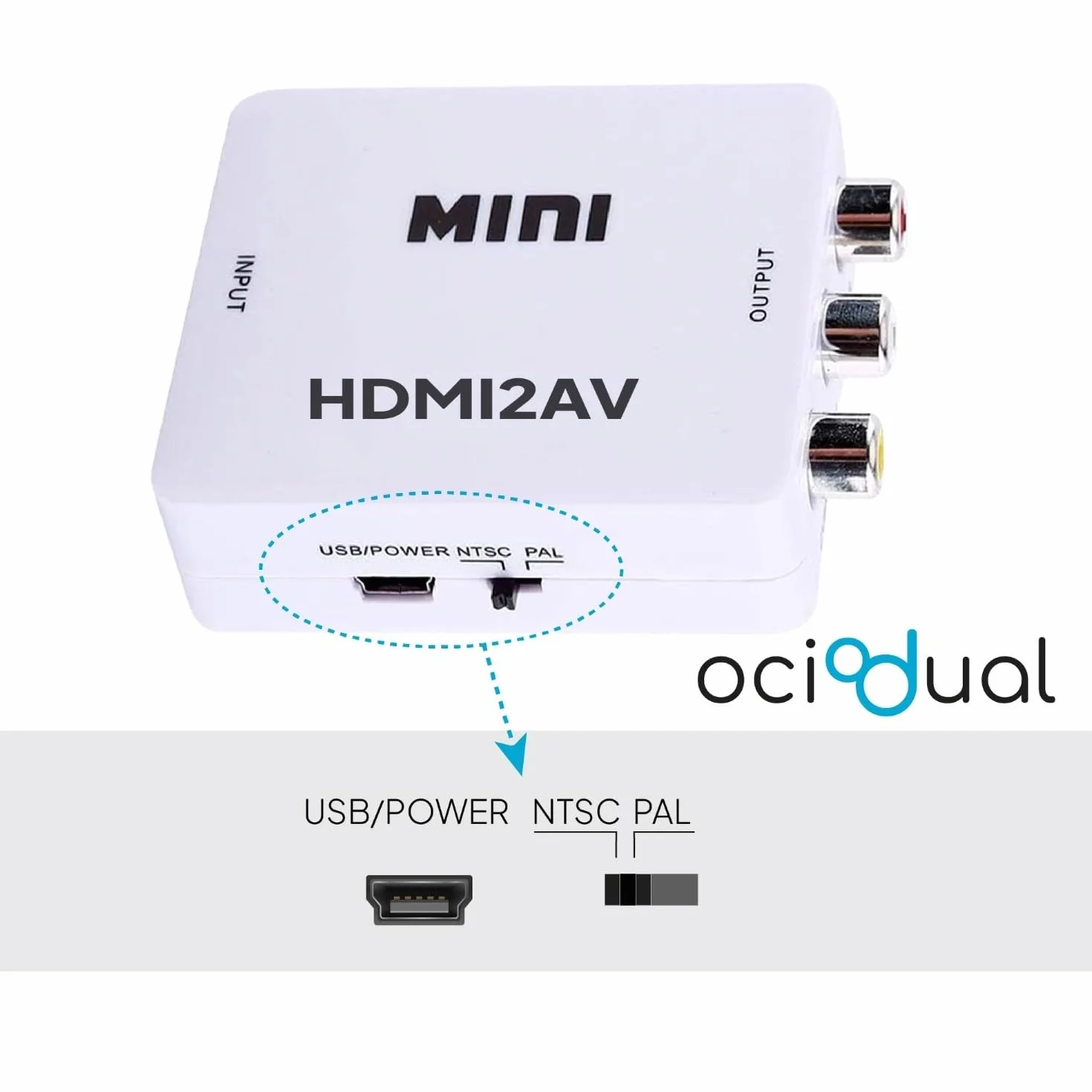 OcioDual Adapter HDMI do RCA, konwerter HDMI do AV, 1080p PAL/NTSC, biały