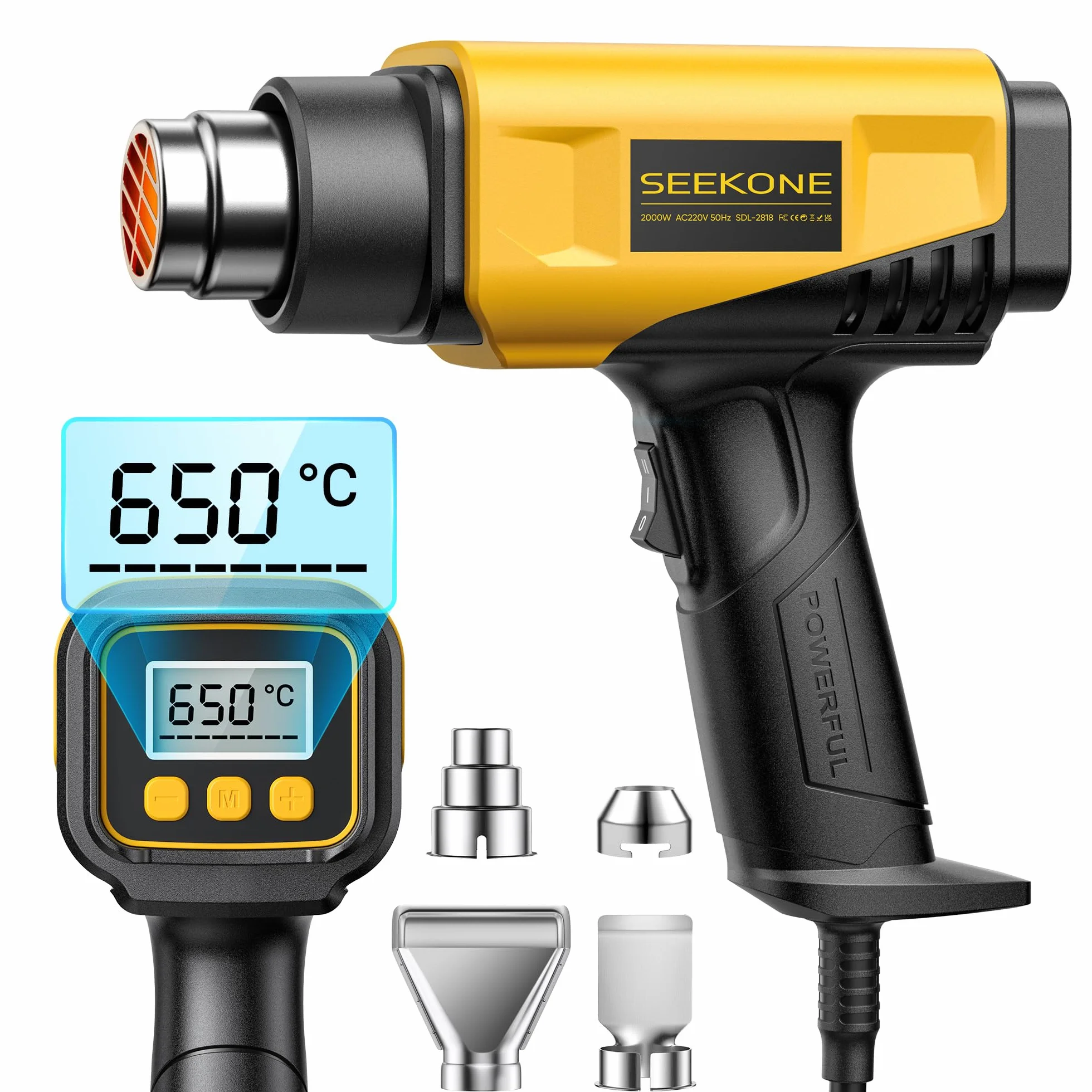 SEEKONE Pistolet na gorące powietrze 2000 W z cyfrowym wyświetlaczem LCD, regulacja temperatury i przepływu powietrza od 50°C do 650°C, z zabezpieczeniem przed przeciążeniem, idealny do majsterkowania