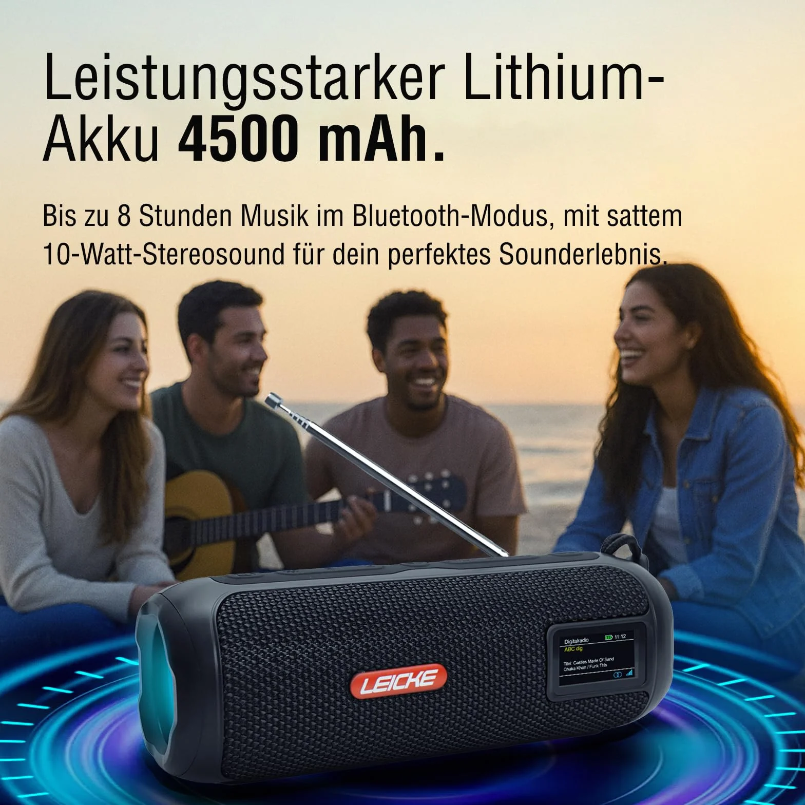 LEICKE DAB+ radio Tube – przenośny głośnik Bluetooth z DAB+/FM, akumulator 4500 mAh, oświetlenie RGB LED, dźwięk stereo 10 W, korektor, ładowanie USBC, złącze Micro SD/AUX, zasilanie sieciowe i