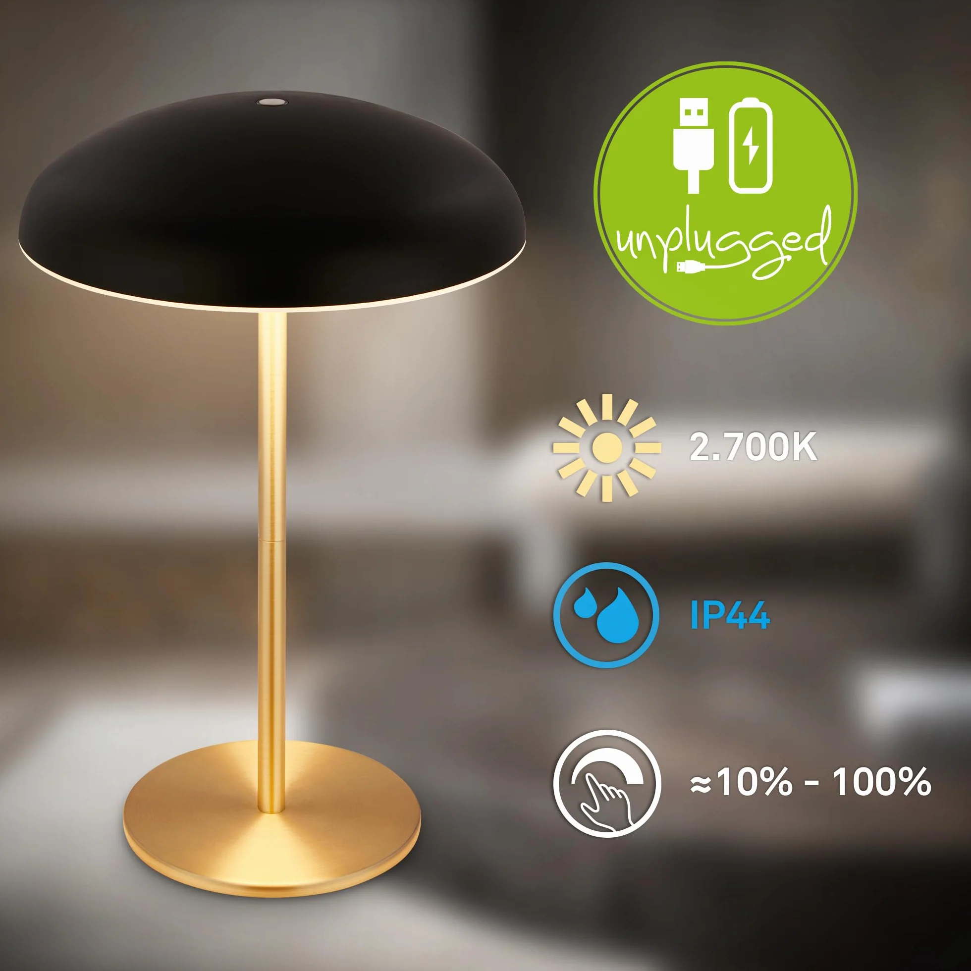 BRILONER - Lampa stołowa LED bezprzewodowa IP44 z jasną krawędzią, ściemniacz dotykowy, wymienny akumulator, lampka nocna, lampa LED, 19,5x30,5 cm, czarny