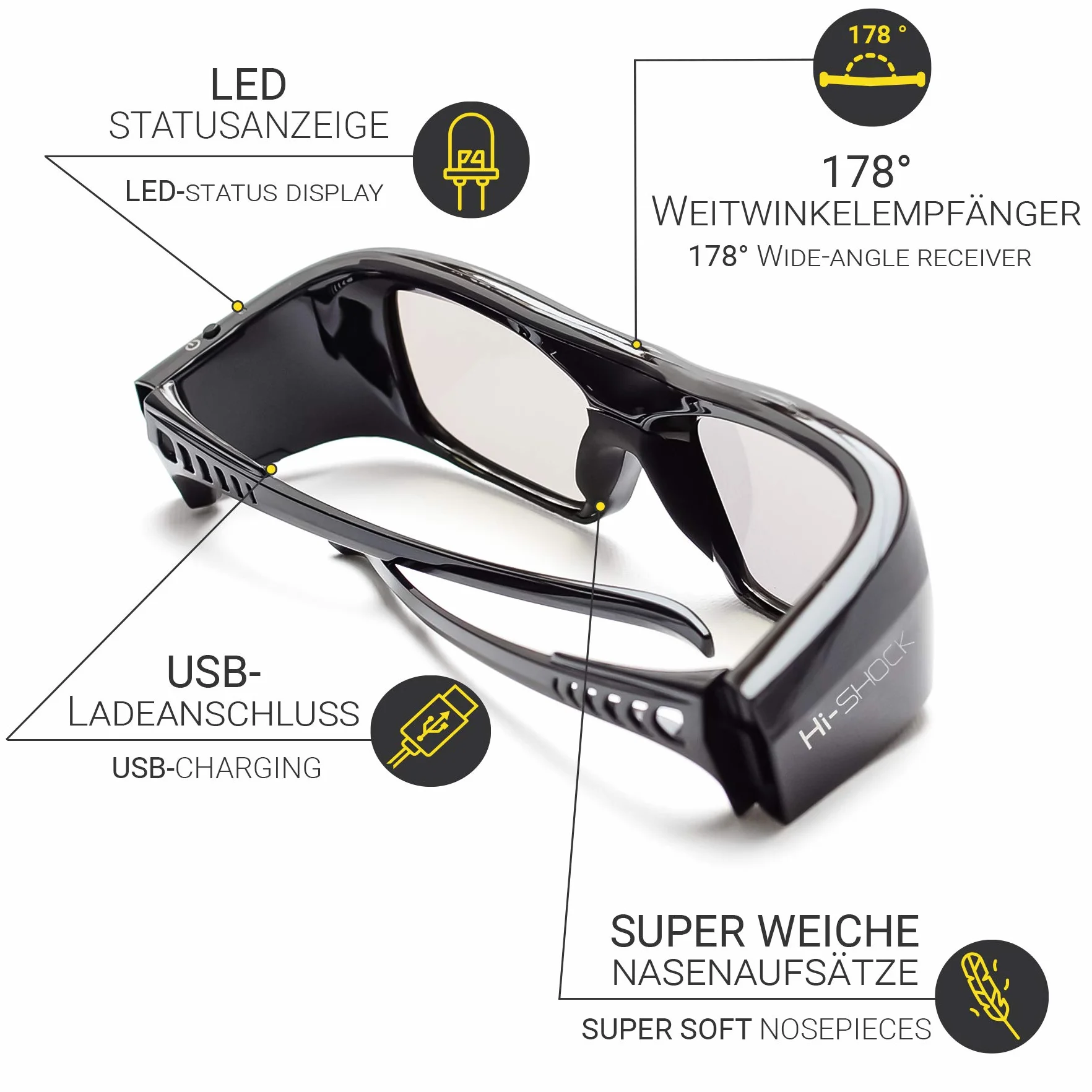 2 x Hi-SHOCK BT/RF Pro Black Diamond | okulary 3D Bluetooth do projektorów 3D TV i 3D-RF firmy Sony, Epson, Jvc, Samsung, Panasonic [okulary migawki | 120 Hz | ładowane | 39 g | Bluetooth/rf]