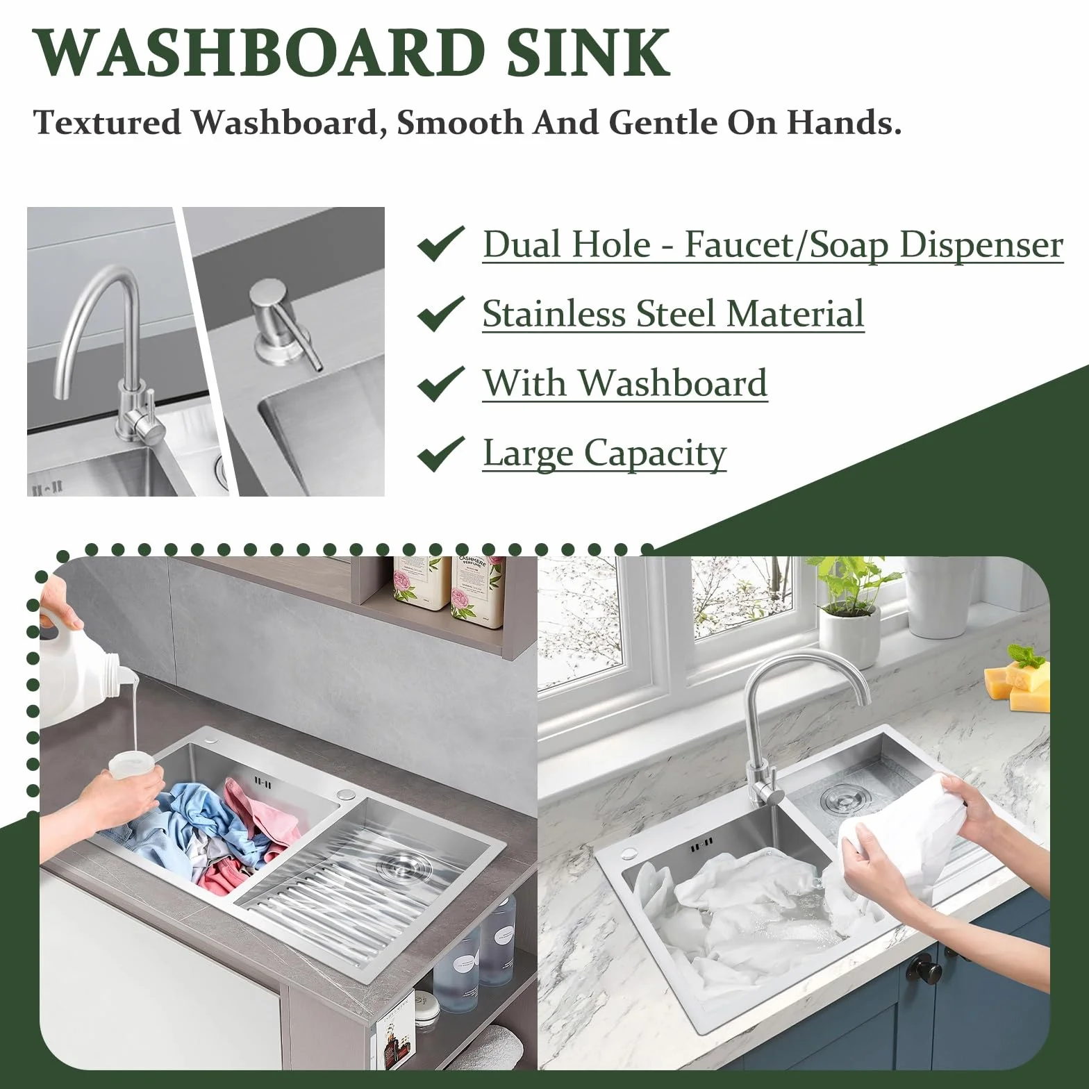 Stainless Steel Laundry Sink With Washboard – Handmade Utility Basin For Laundry Room, Workshop & Garage – Durable Brushed Finish, Deep Basin With Efficient Drainage(Left-a,60cm)