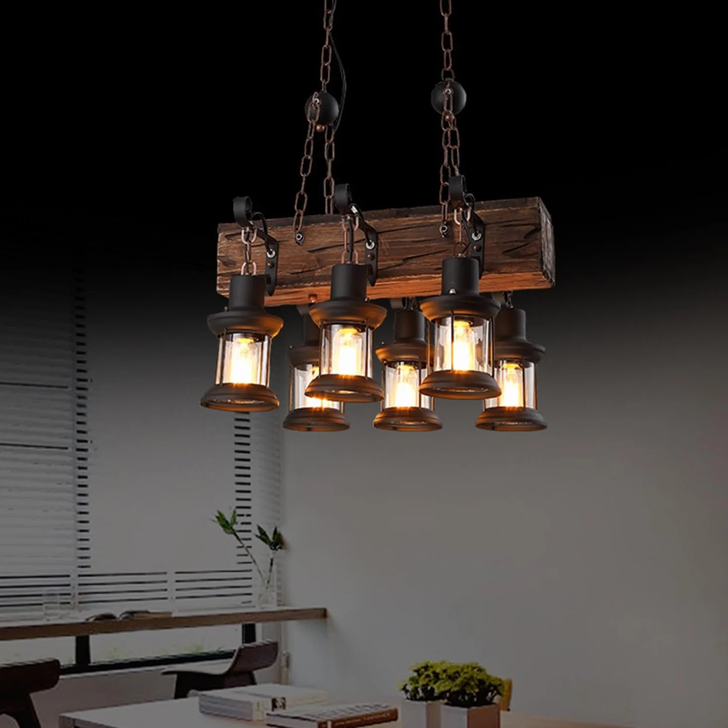 Lampa wisząca w stylu vintage, E27, rustykalna, drewniana belka, Edison, wisząca lampa sufitowa, drewniana, z regulacją wysokości, industrialna lampa wisząca