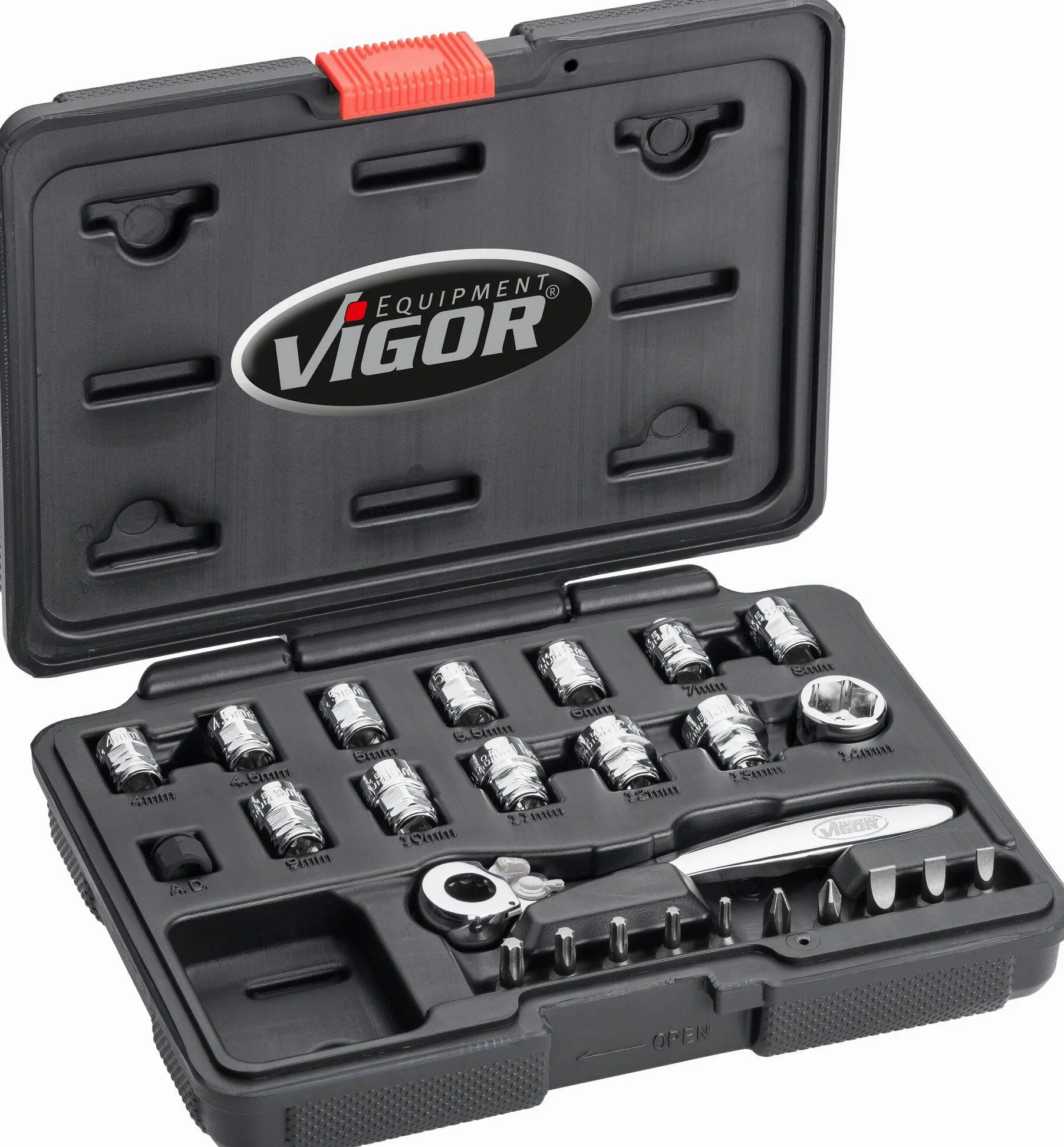 Vigor V5202 zestaw kluczy nasadowych (6,3 mm (1/4") czworokątny, super płaski klucz zapadkowy 20 mm płaski, różne klucze nasadowe i bity, 25 pojedynczych elementów)