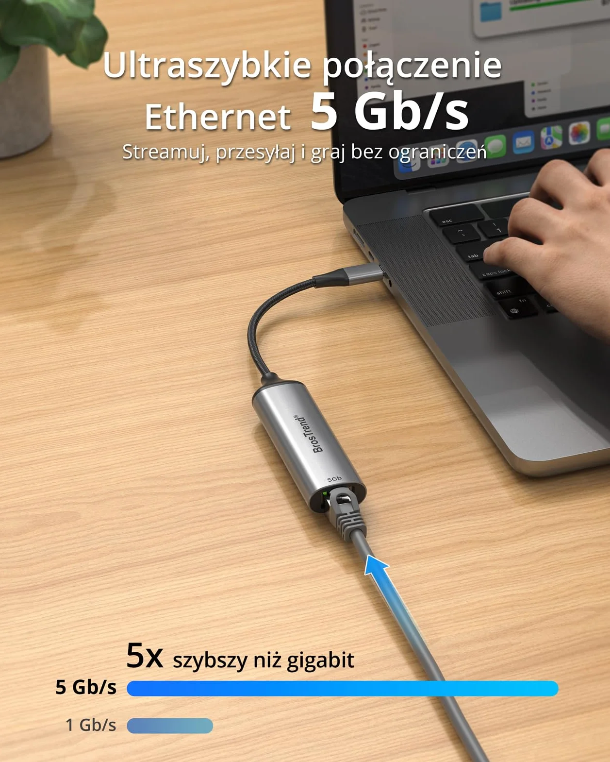 BrosTrend Adapter 5 Gb USB C do Ethernetu, 5 Gigabit Ethernet do Type C do laptopa, MacBooka, iPhone'a, adapter sieciowy RJ45 do USB dla ChromeOS, Windows i Linuxa, dożywotnia gwarancja