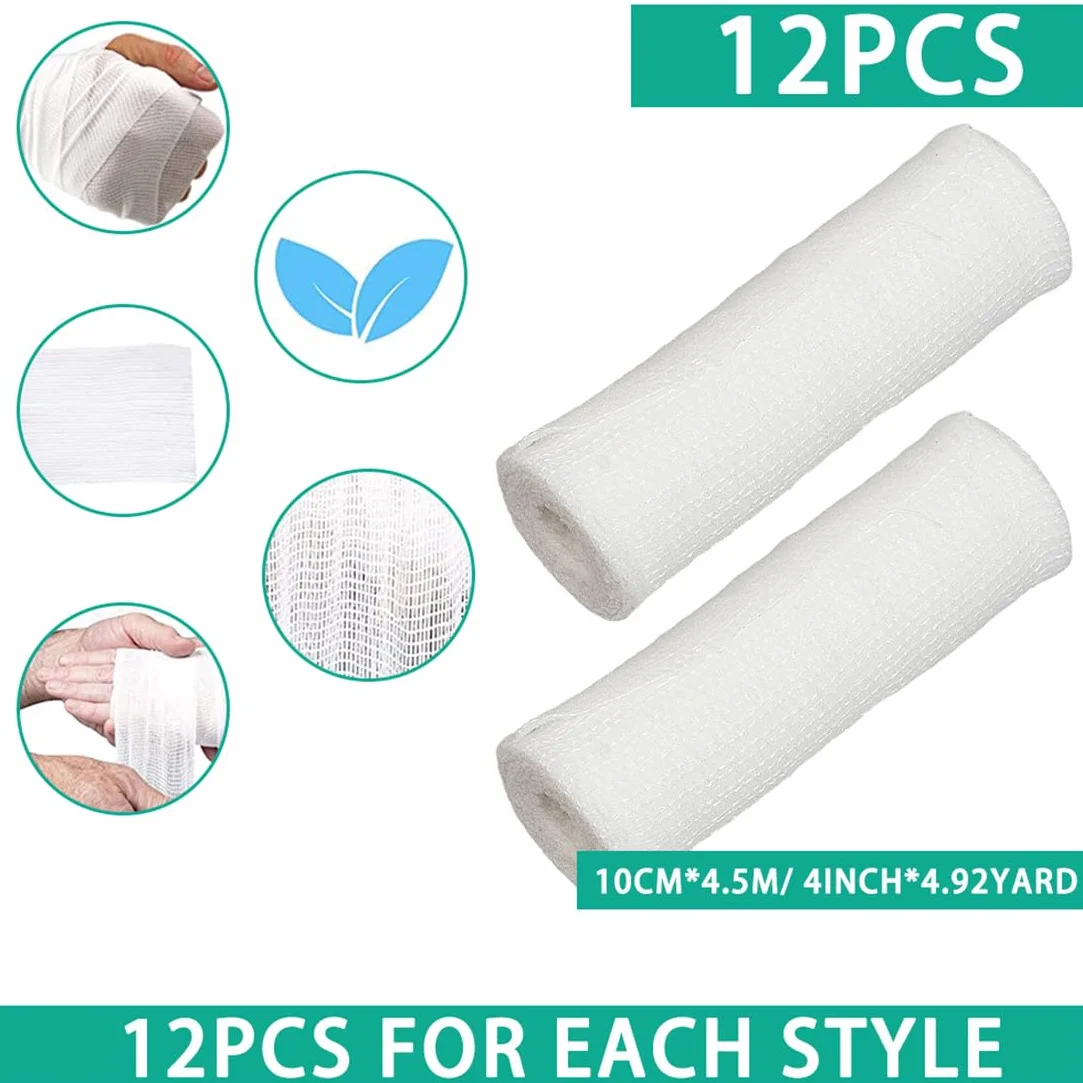 Rolki bandażowe z gazy 10 cm x 4,5 m - bandaże dostosowane do pomocy miękka rolka rozciągliwa owijka do pierwszej pomocy w pielęgnacji ran - 12 rolek
