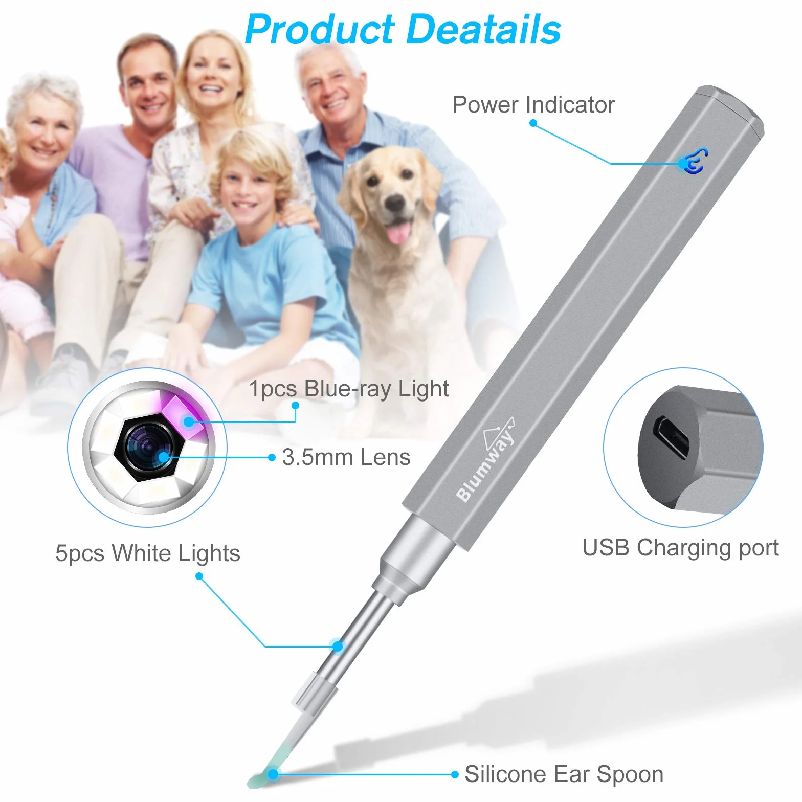 BlumWay WiFi Otoskop 3,5 mm, 1080p HD, endoskop do czyszczenia uszu, aparat z 6 diodami LED, do czyszczenia uszu, dla dzieci, dorosłych, z systemem iOS, Android (szary)