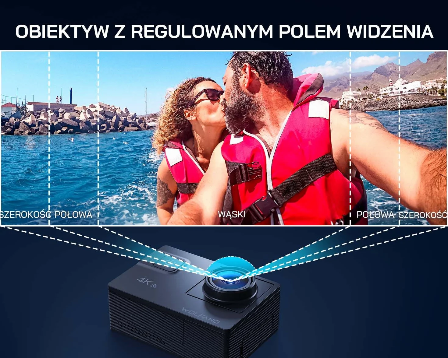 Kamera akcji WOLFANG 4K 60FPS, kamera podwodna GA300 20MP WiFi, wodoodporna kamera na kask 40M z ekranem dotykowym Zoom 8X 6-AXIS EIS (mikrofon zewnętrzny, pilot baterie 2x1350mAh i zestaw akcesoriów)
