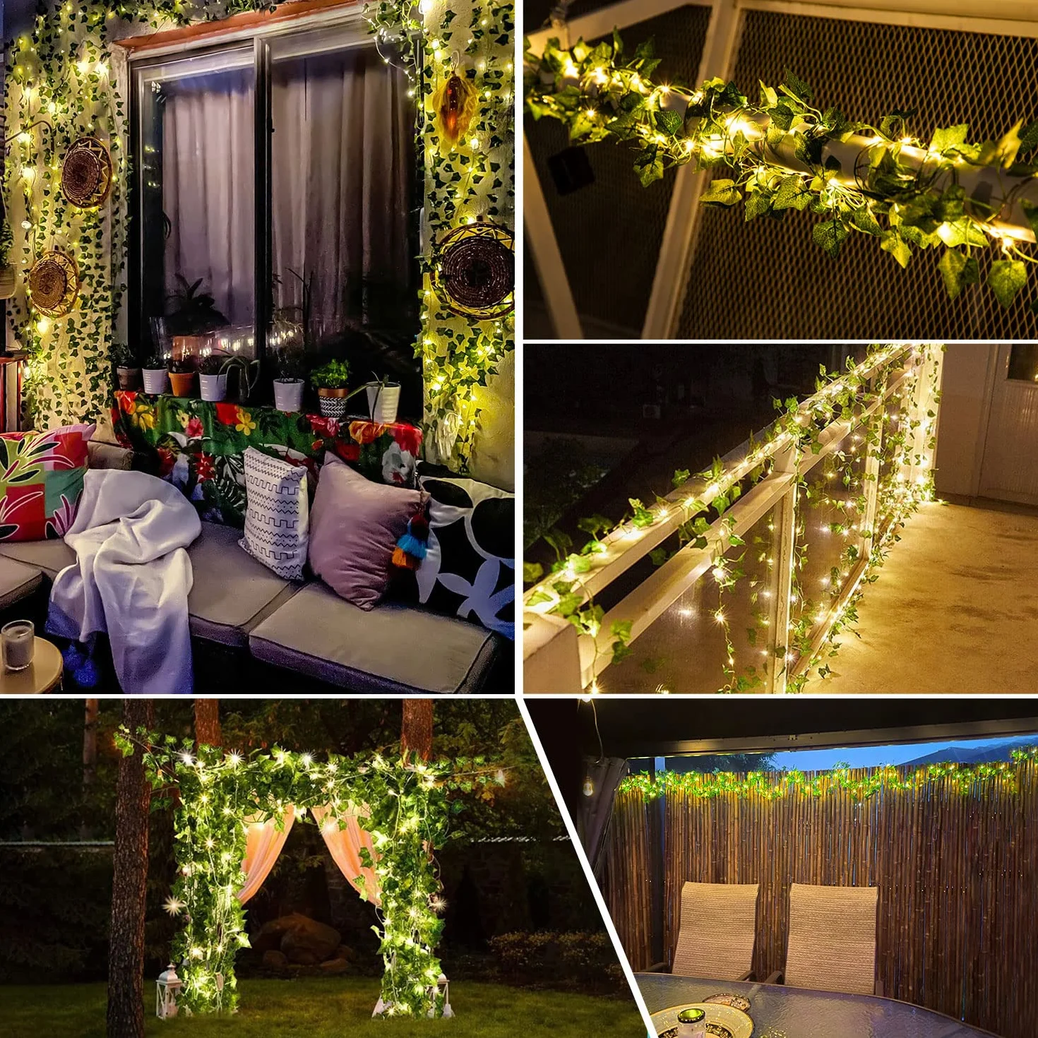 Bigzom Solarny łańcuch świetlny do użytku na zewnątrz, 120 diod LED, bluszcz, 12 m, łańcuch świetlny na zewnątrz, 8 trybów pracy, do ogrodu, na balkon, taras, ogrodzenie, dekoracja (ciepła biel)