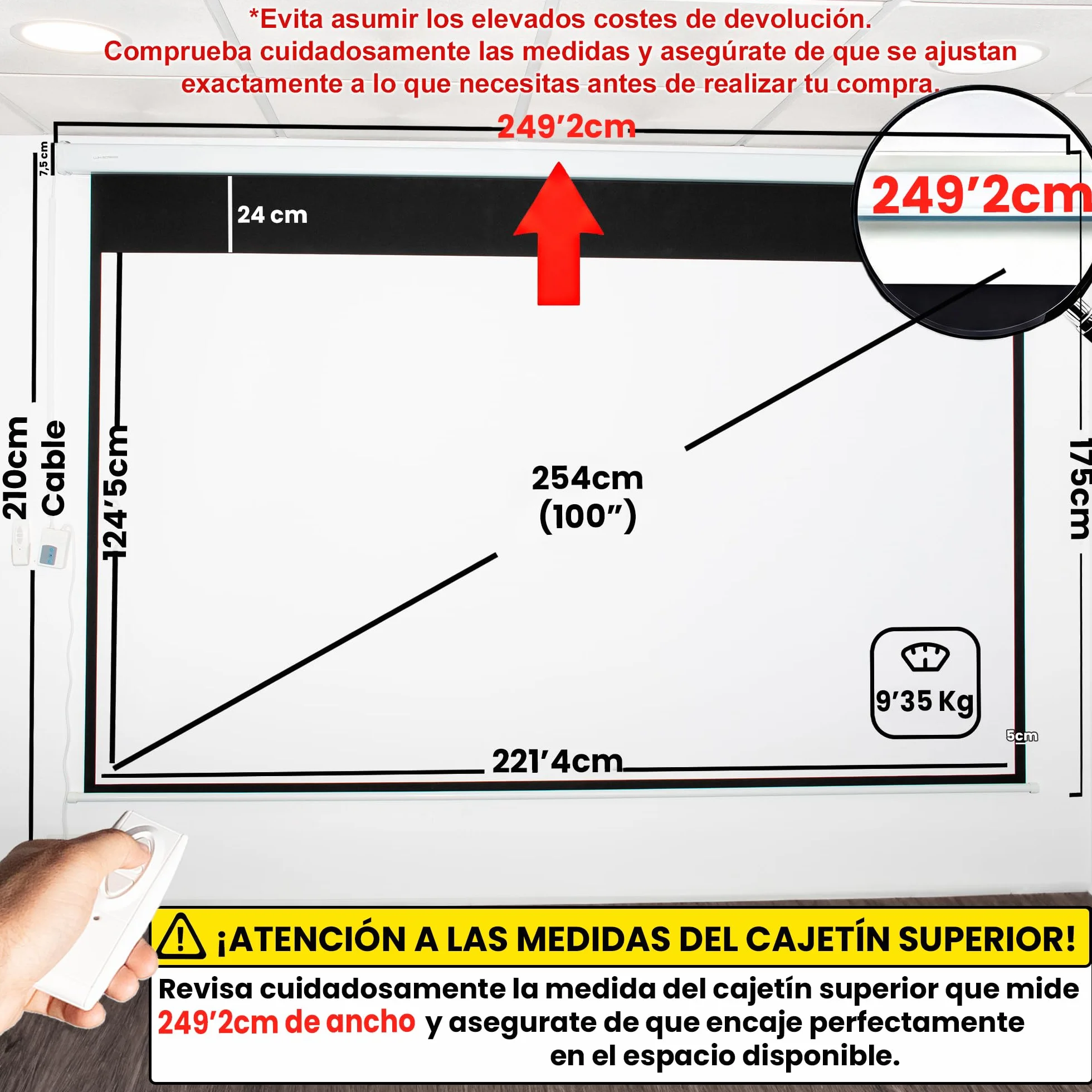 Ekran projektora elektrycznego, 254 cm (100 cali), luksusowy ekran 16:9, obszar widoczny, biały, 221 x 124 cm, wymaga przestrzeni instalacyjnej 250 cm, montaż na ścianie lub suficie, z