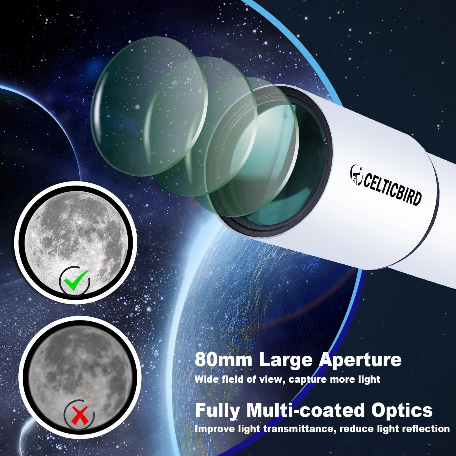 CELTICBIRD Teleskop refraktora 900 80 mm AZ dla dorosłych