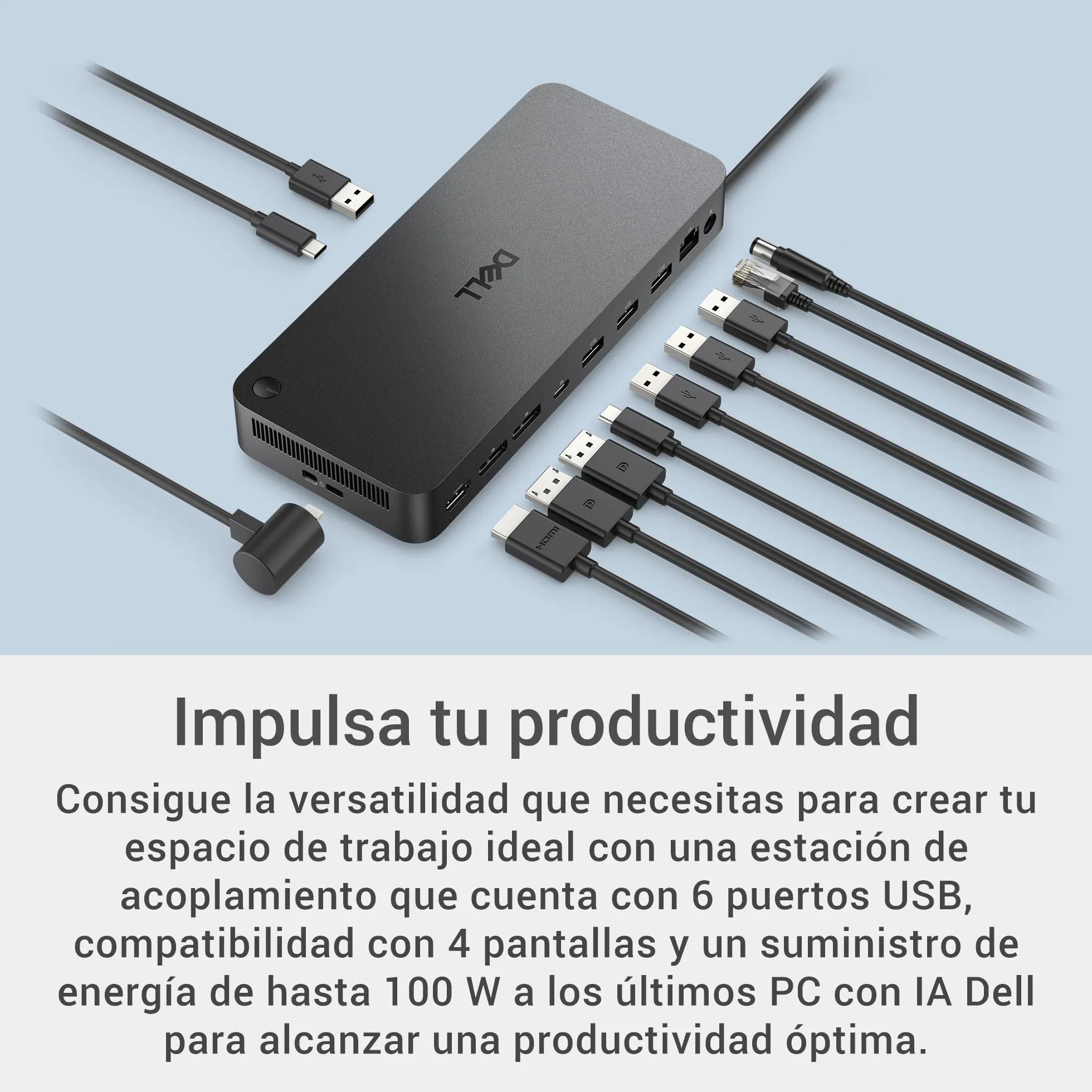 Dell Stacja dokująca Pro Dock WD25 - USB-C z ładowaniem 100 W, obsługa 4 ekranów, 2X DP 1.4, HDMI 2.1, 6 portów USB, Ethernet 2.5GbE, trwała kompaktowa konstrukcja