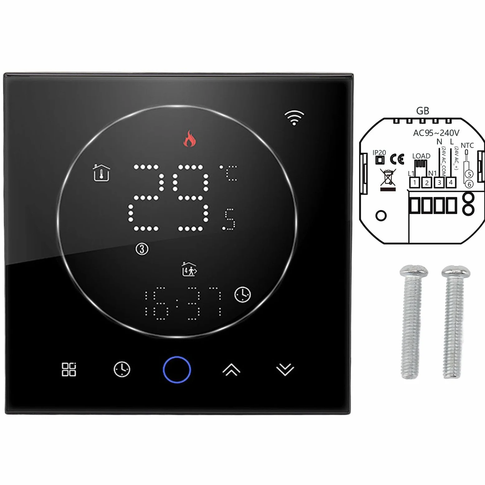 SIXRUN Programowalny Inteligentny Termostat Domowy Termostat z Ekranem Dotykowym WiFi AC 95 do 240 V 41 do 95F 16A Sterowanie Głosem 6-okresowe Programowanie Ogrzewania Elektrycznego Mieszkanie