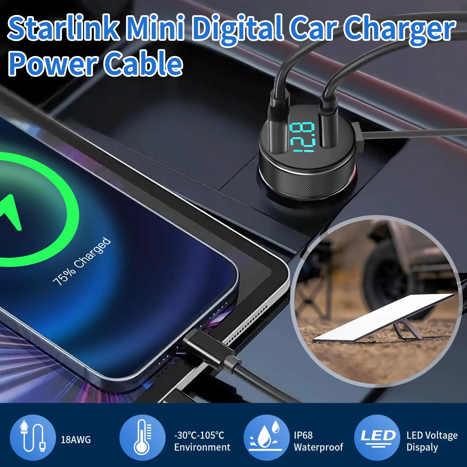Starlink Mini Samochodowy Kabel Zasilający 3 m, Cyfrowy Wyświetlacz DC (12 V-24 V), Wodoszczelny, 18 AWG, Do Satelitarnego Zasilania Samochodów i Ciężarówek