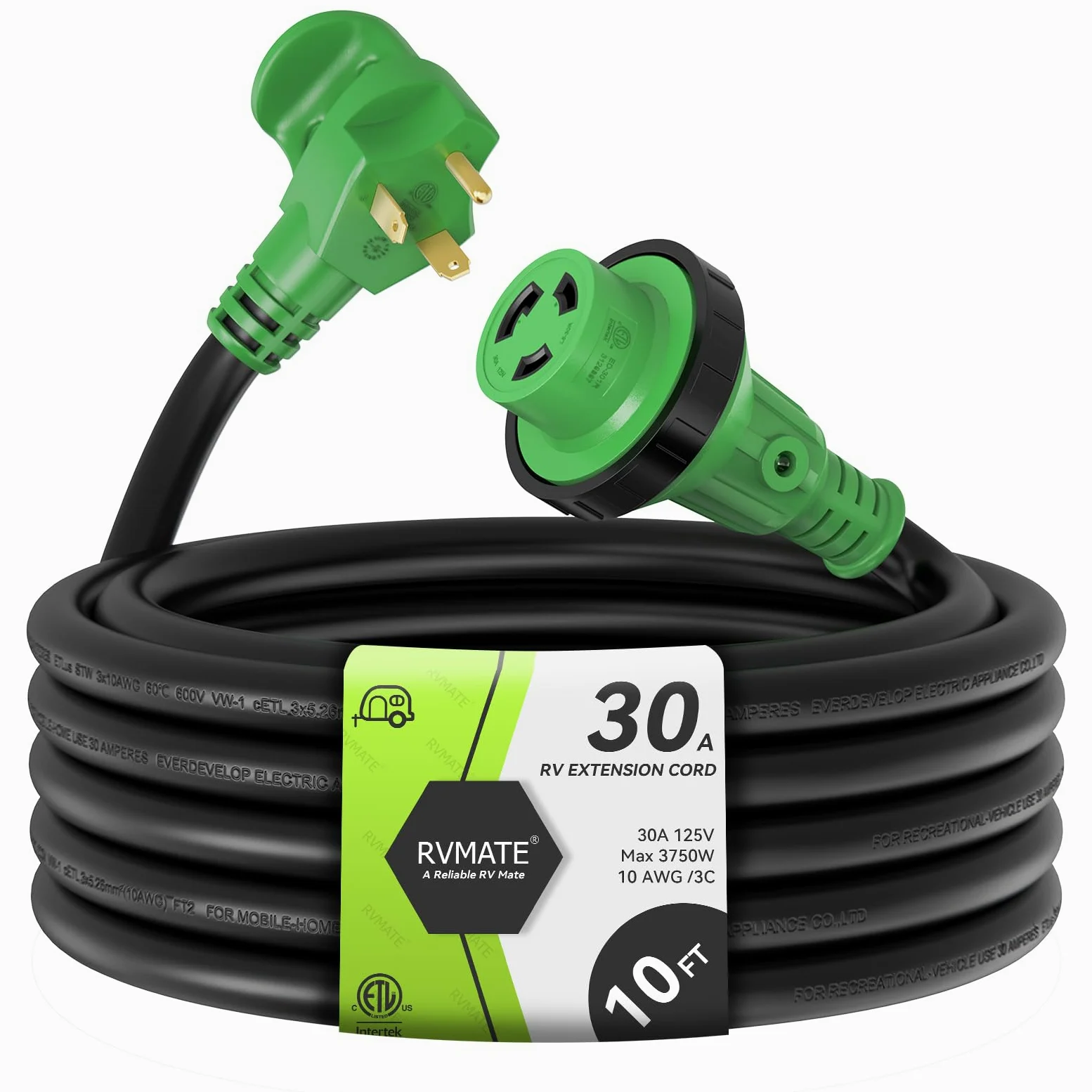 RVMATE - Przedłużacz zasilania z zamkiem RV 10 stóp 30 A z łatwym podłączeniem uchwytem, TT-30P do L5-30R, wskaźnik LED, 10 AWG, lista ETL
