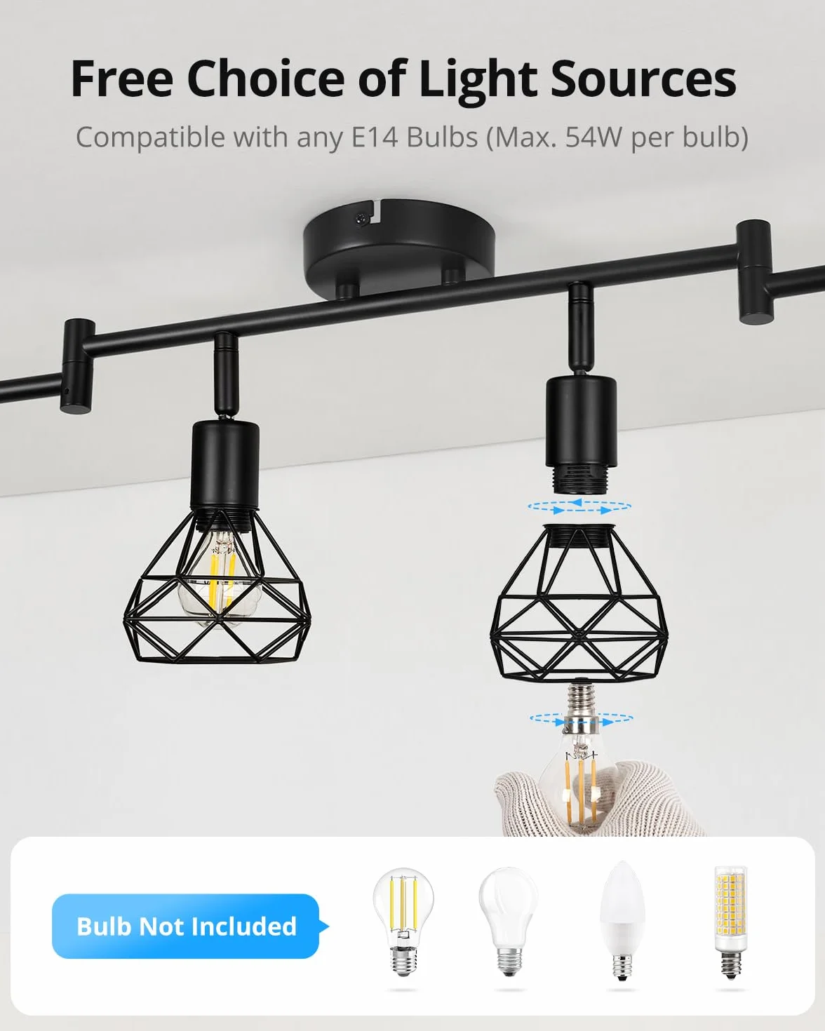 Gr4tec Lampa sufitowa z 6 obrotowymi reflektorami, czarna przemysłowa oprawa sufitowa E14, rampa punktowa i szyny sufitowe do kuchni, salonu, sypialni, korytarza, bez żarówek
