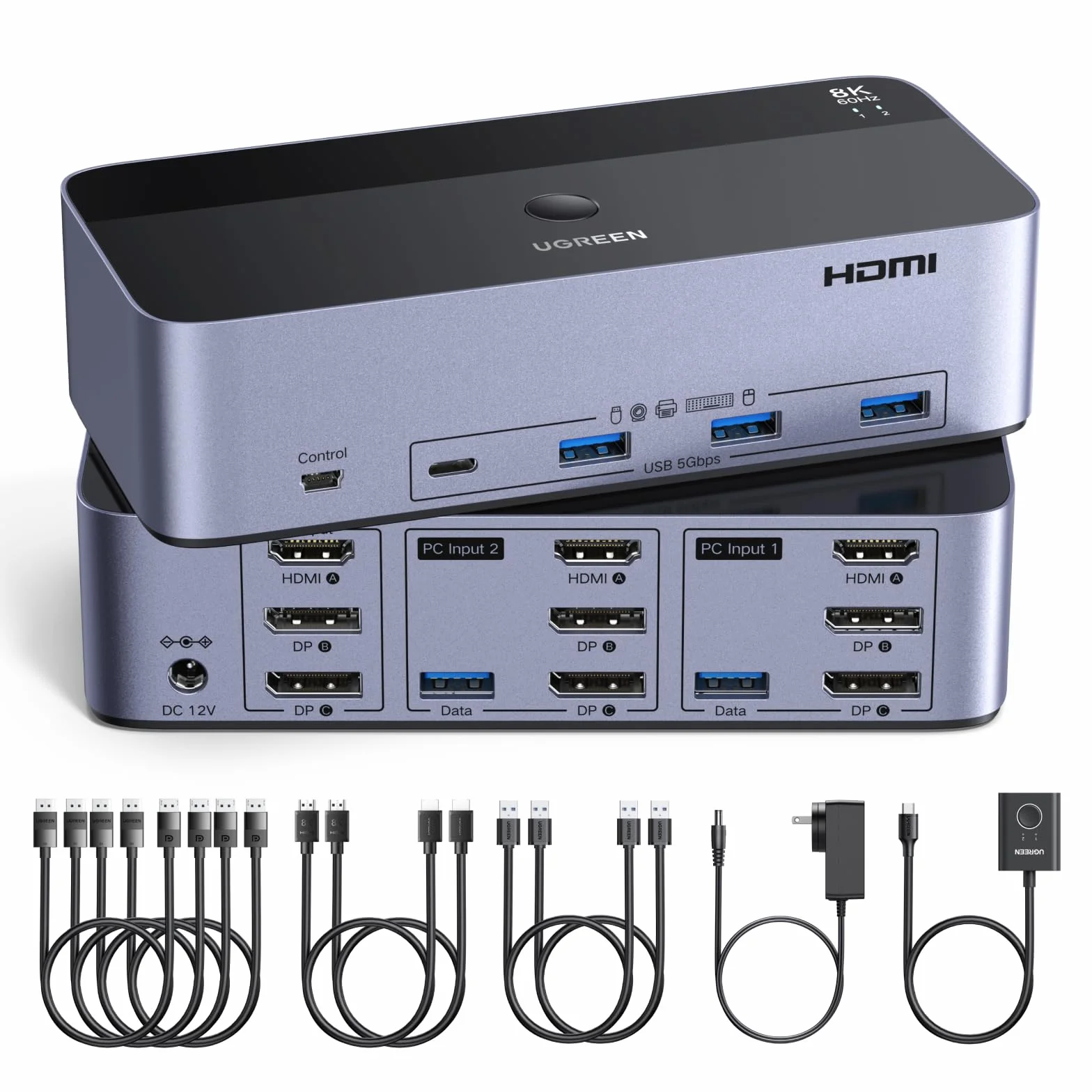 UGREEN Przełącznik KVM HDMI DisplayPort 8K60Hz 3 monitory 4 porty USB 3.0