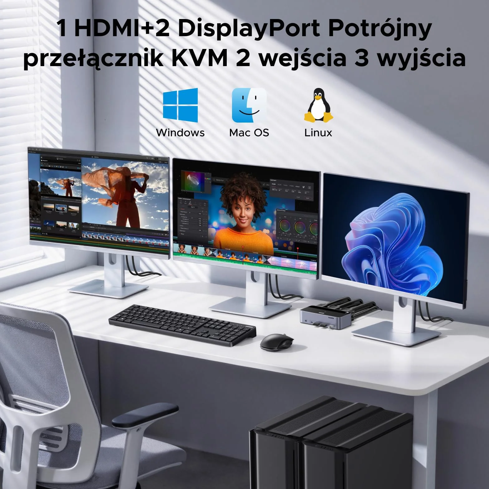 UGREEN Przełącznik KVM HDMI DisplayPort 8K60Hz 3 monitory 4 porty USB 3.0