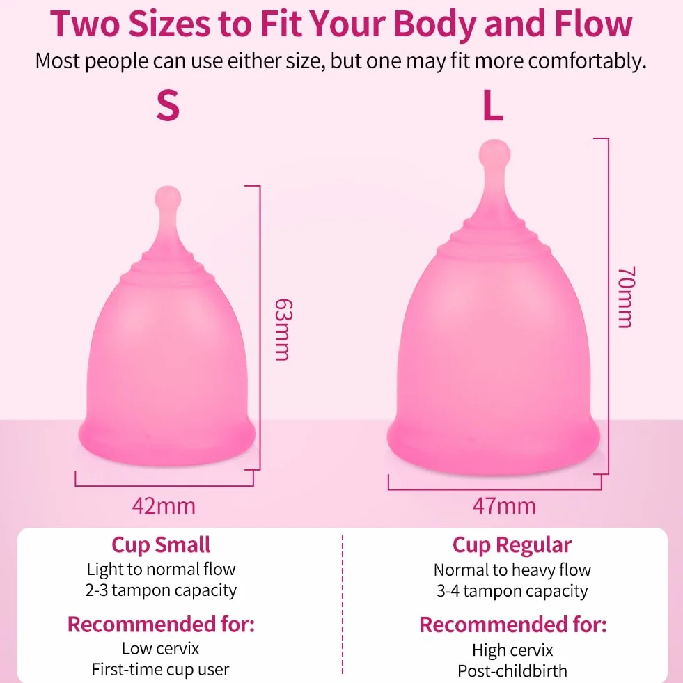ACWOO Kubek menstruacyjny, 2 szt. silikonowych kubków menstruacyjnych klasy medycznej (rozmiar S i L), miękkie, wygodne kubki menstruacyjne wielokrotnego użytku, produkty higieniczne do pielęgnacji